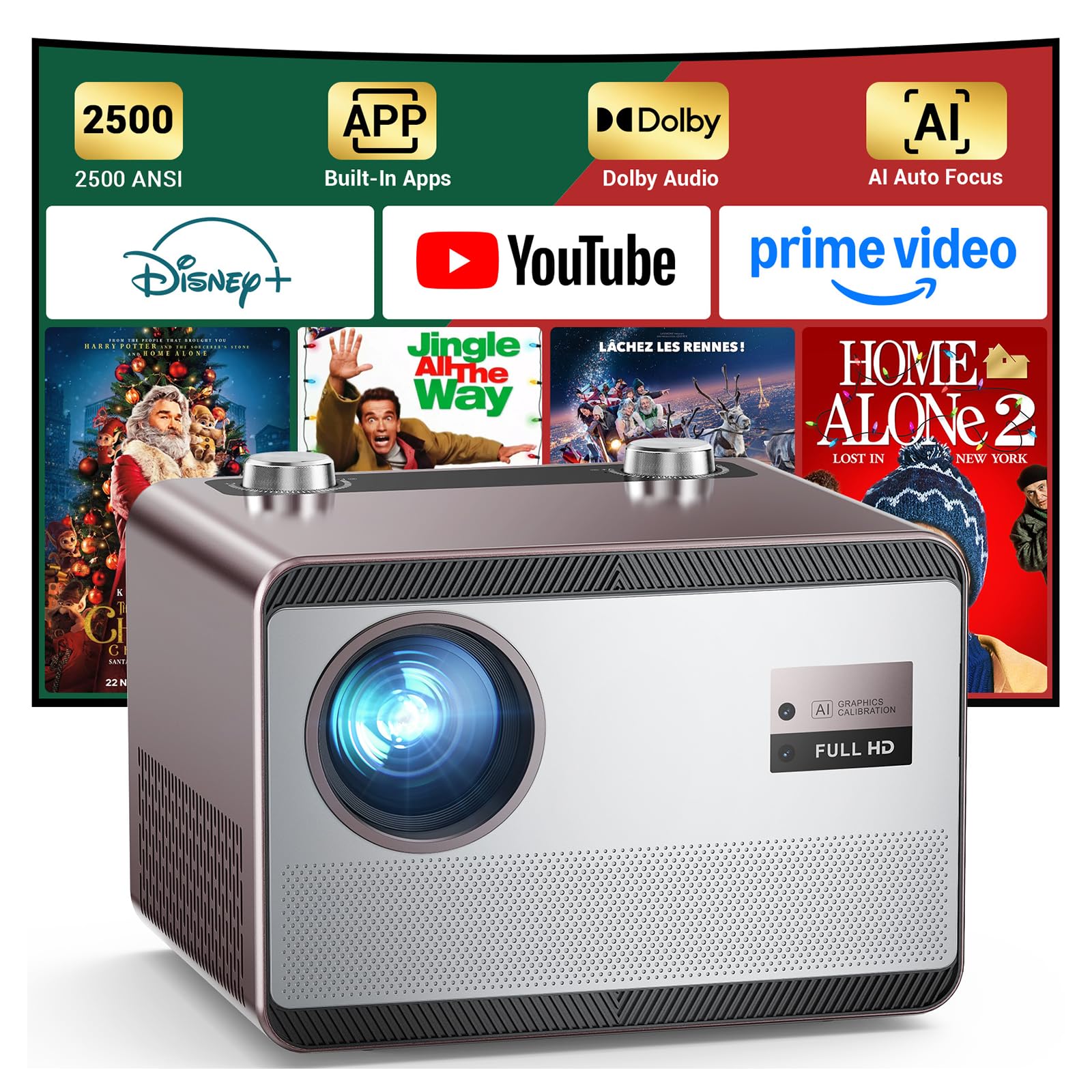 Projector-4K with WiFi and Bluetooth [2500 ANSI / AI Auto Focus / Official Licensed Apps], Outdoor Movie Projector with Smart TV OS 2.0 & Dolby, HAPPRUN Home Theater Projector for Indoor/Out