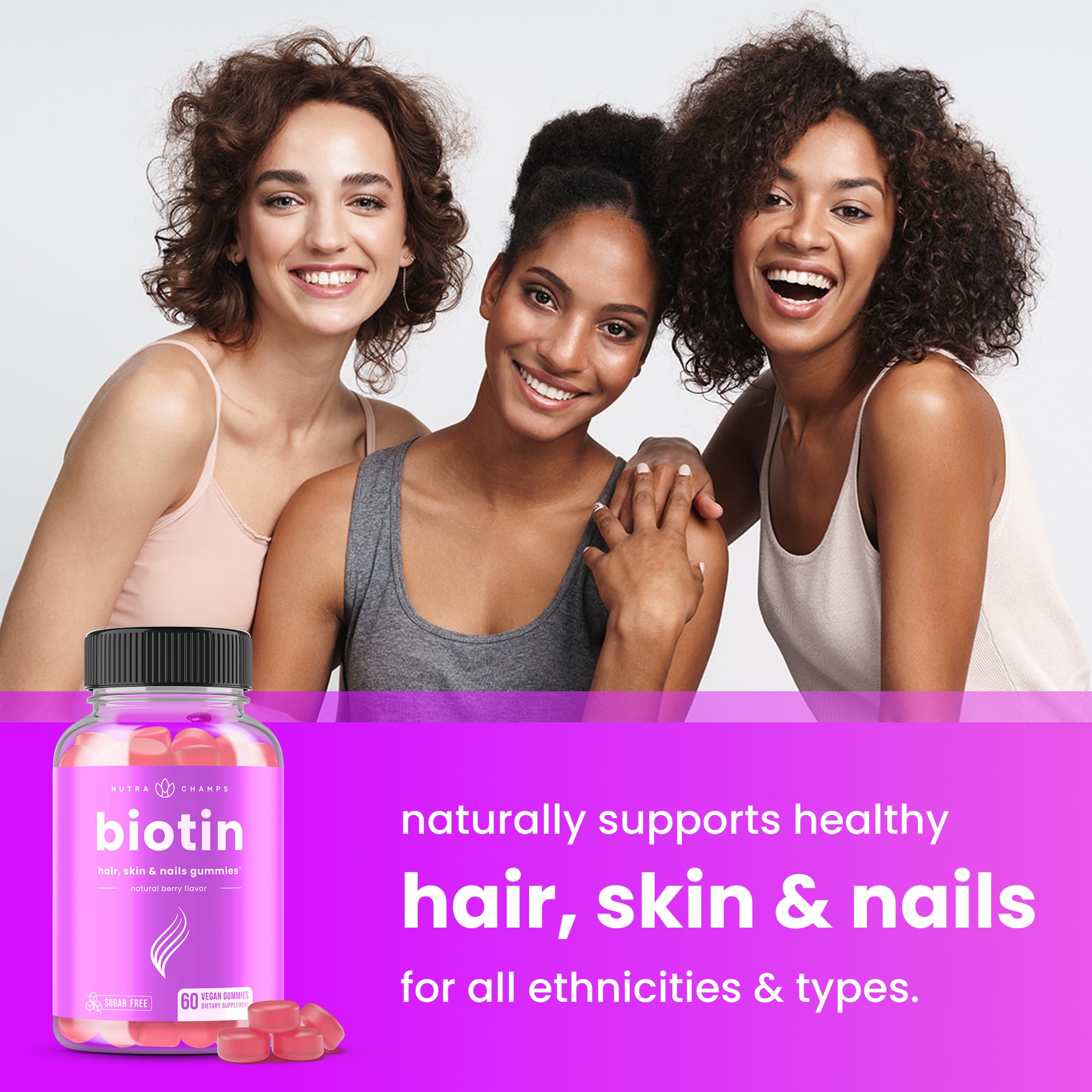 NutraChamps Sugar Free Biotin Gummies 10000mcg [High Potency] - Healthy Hair, Skin & Nails for Women, Men & Kids - 5000mcg in Each Gummy - Vegan, Non-GMO, Hair Health Vitamins Supplement - Raspberry — Amazon image 3
