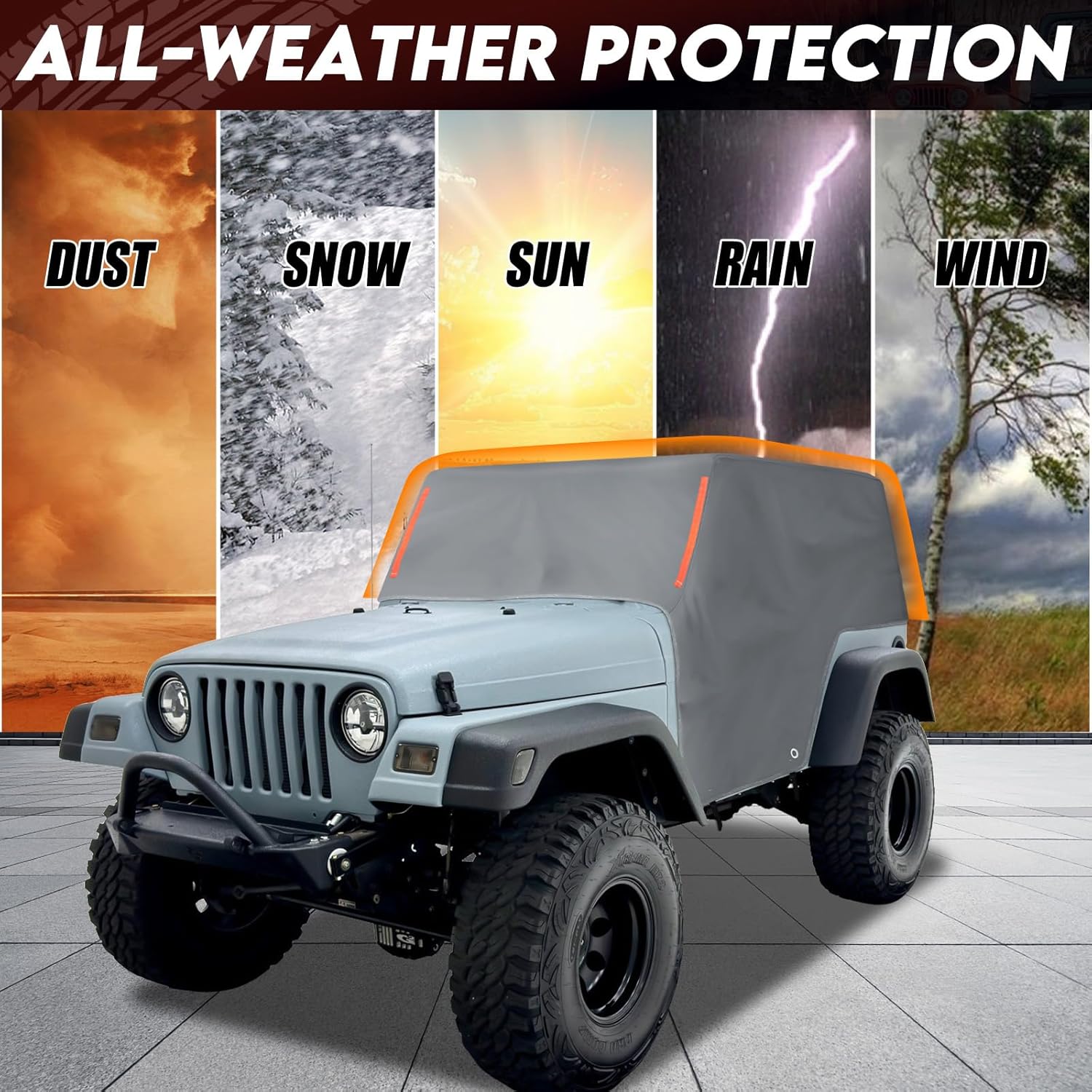 389G Heavy Duty PVC Cab Cover Compatible with 1997-2006 Jeep Wrangler TJ, Waterproof Half Cover with Cotton Lining for TJ Topless Protection, All-Weather Summer Trail Cover for Rain & UV
