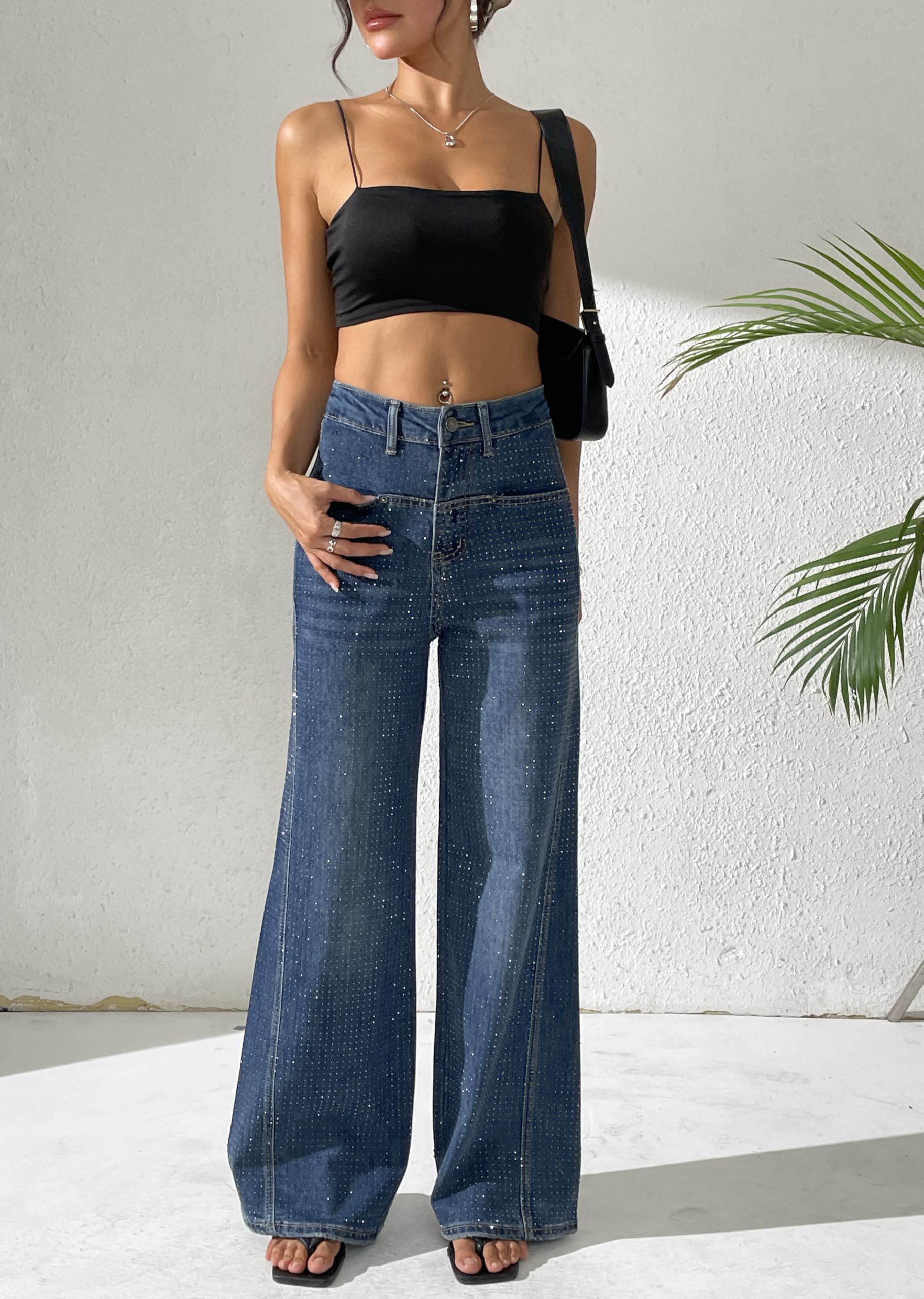 Condition photo showing New/Like New for heipeiwa women's rhinestone jeans wide leg flare denim pants high waist sparkle shiny sequin glitter trouser