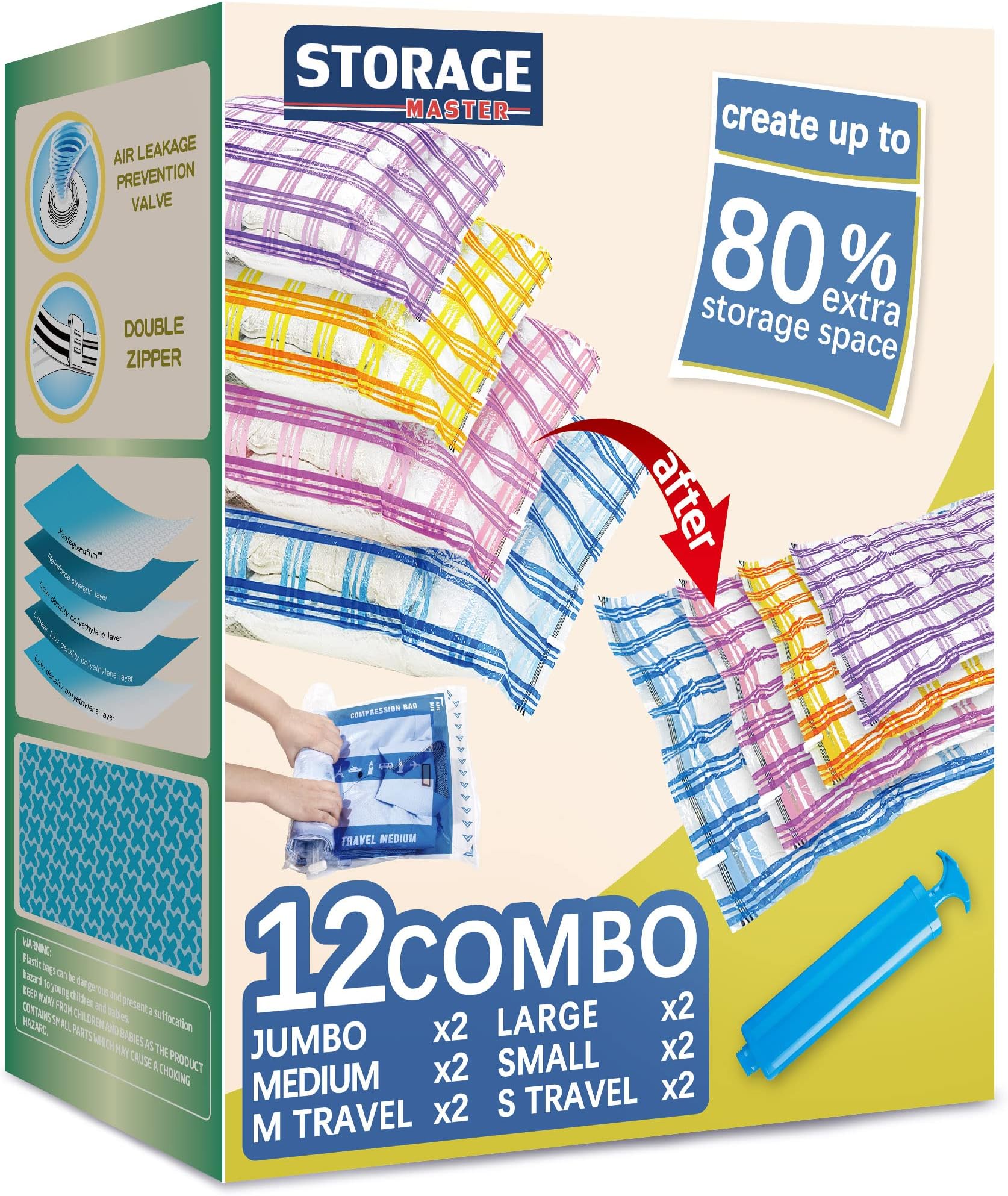 Storage Master Space Saver Bags for Travel and Home Reusable Vacuum Storage Bags Save 80% More Storage Space with Travel Hand Pump (12 Pack)