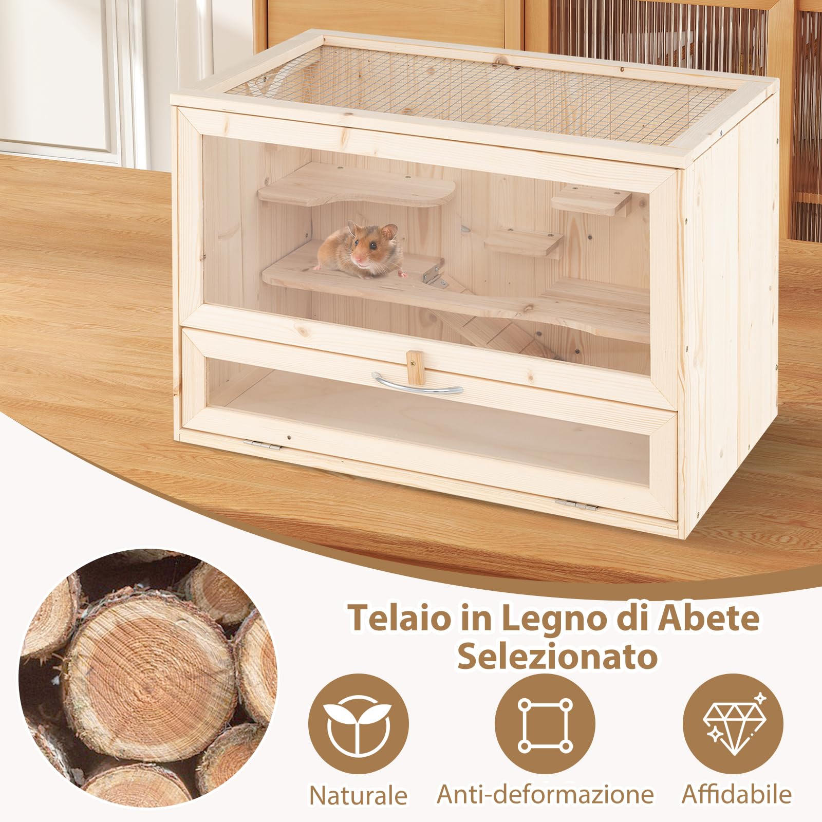 COSTWAY Gabbia per Criceti, Gabbia Criceti in Legno con Tetto Ribaltabile in Rete, Aree Multi-Scala, Rampa, Pannello in Acrilico e Porta Bloccabile, 60 x 35,5 x 42 cm