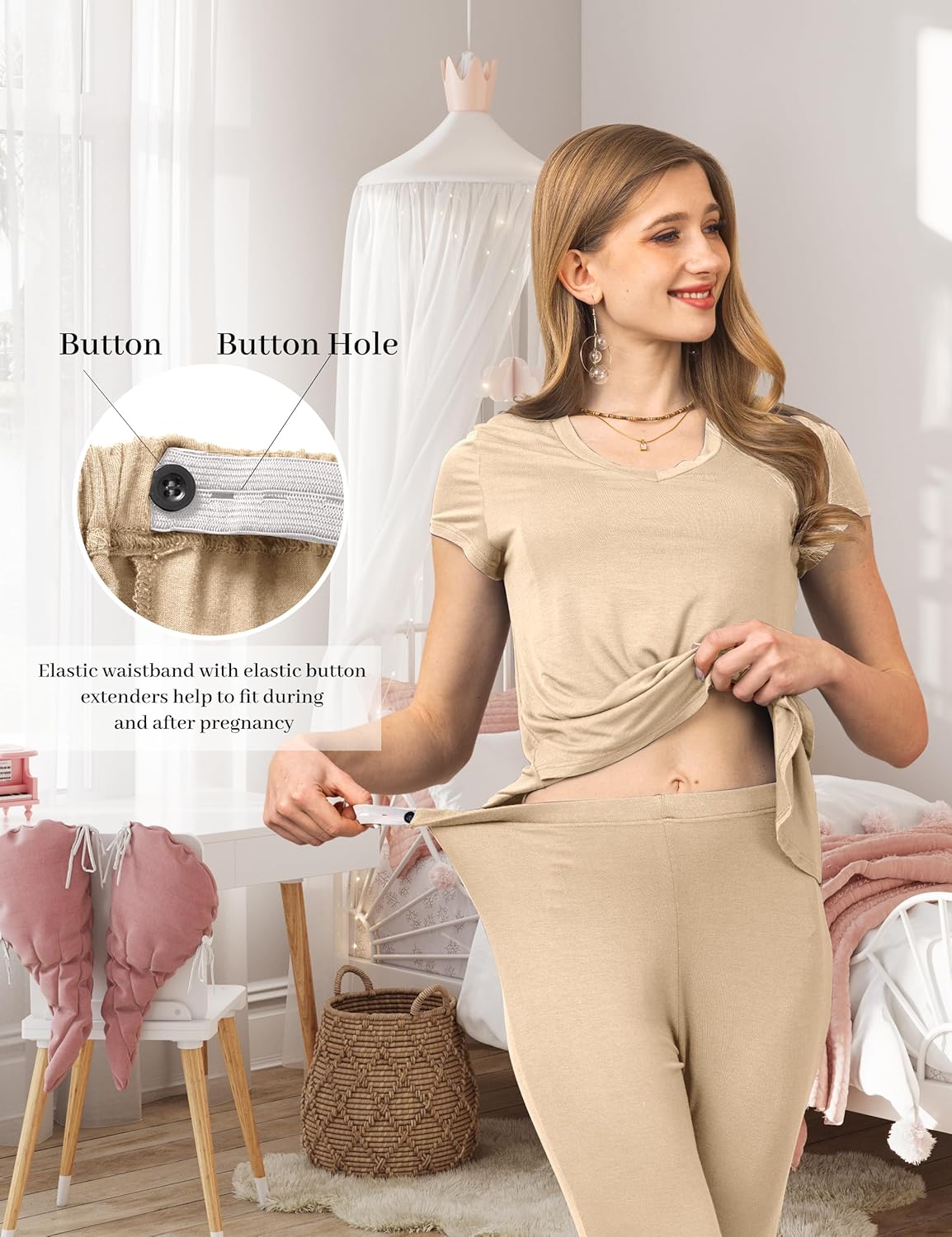 SUNNYBUY 3 PCS Maternity Breastfeeding Pajamas Set, Hidden Nursing Tops, Adjustable Pregnancy Shorts & Pants Postpartum PJS - Image 4