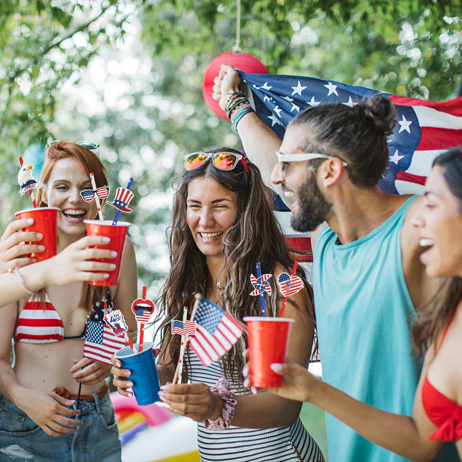 YQUQWN, 24 Pcs 4th of July Paper Straws, Red White and Blue Straws for 4th of July Decorations, Disposable Drinking Straw for Memorial Patriotic Day Party Celebration Supplies, Fourth of July Decor