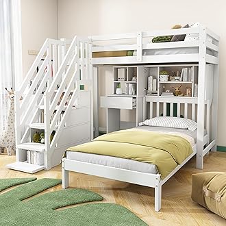 LTGB Bunk Bed for Kids, Wood House Bunk Bed 90 * 190 cm, Loft Bed, Multifunctional Children's Bed, Storage Space Function, With Desk and Shelves, With Slatted Frame, White