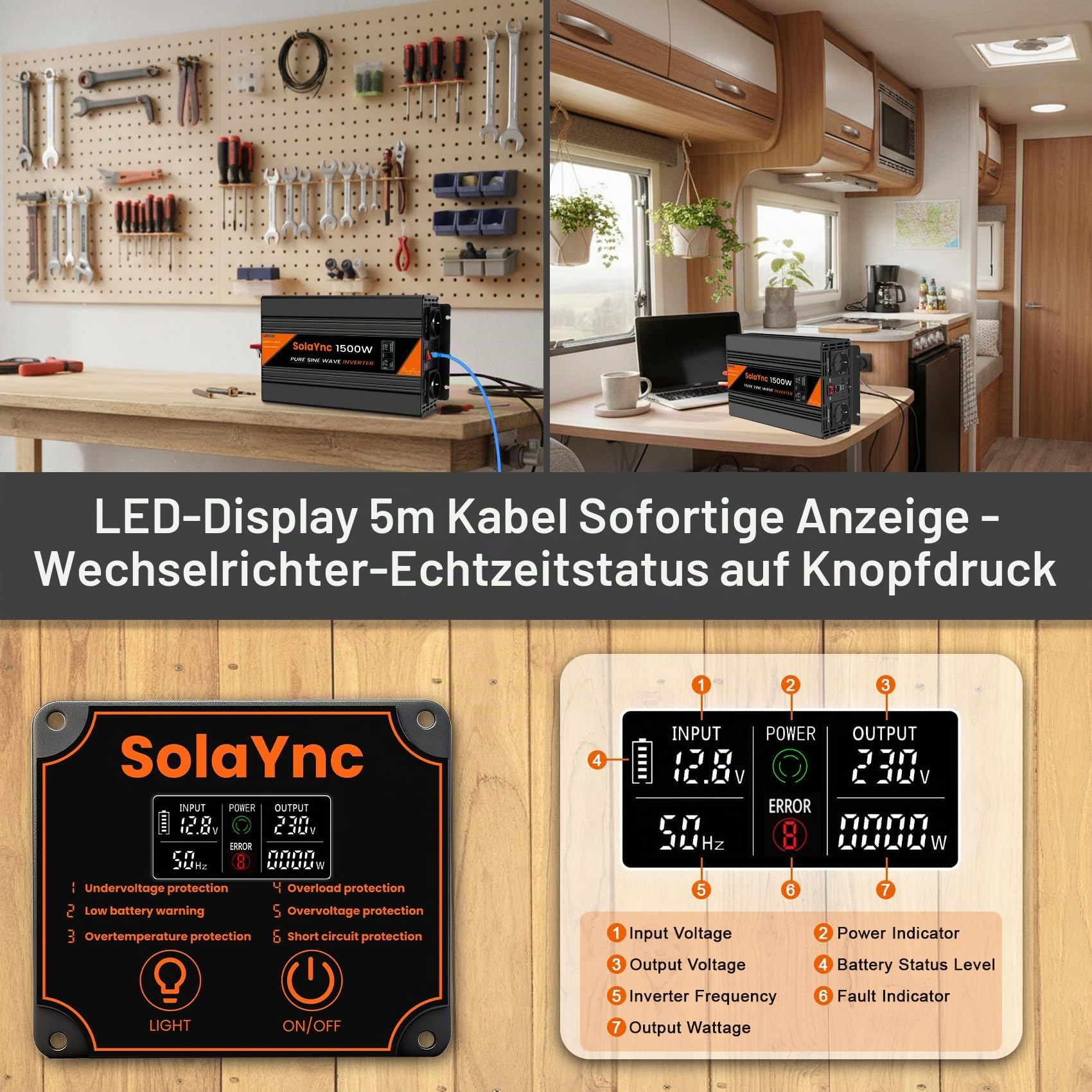 1500W Wechselrichter 12V auf 230V Reiner Sinus Spannungswandler