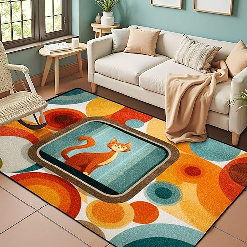 Cheerful Cat Art Retro Colors Vintage Square Frame Area Rug Outdoor Patio Rug Play Mat Modern Floor Carpet Non-Slip Home Decor Living Room Kids