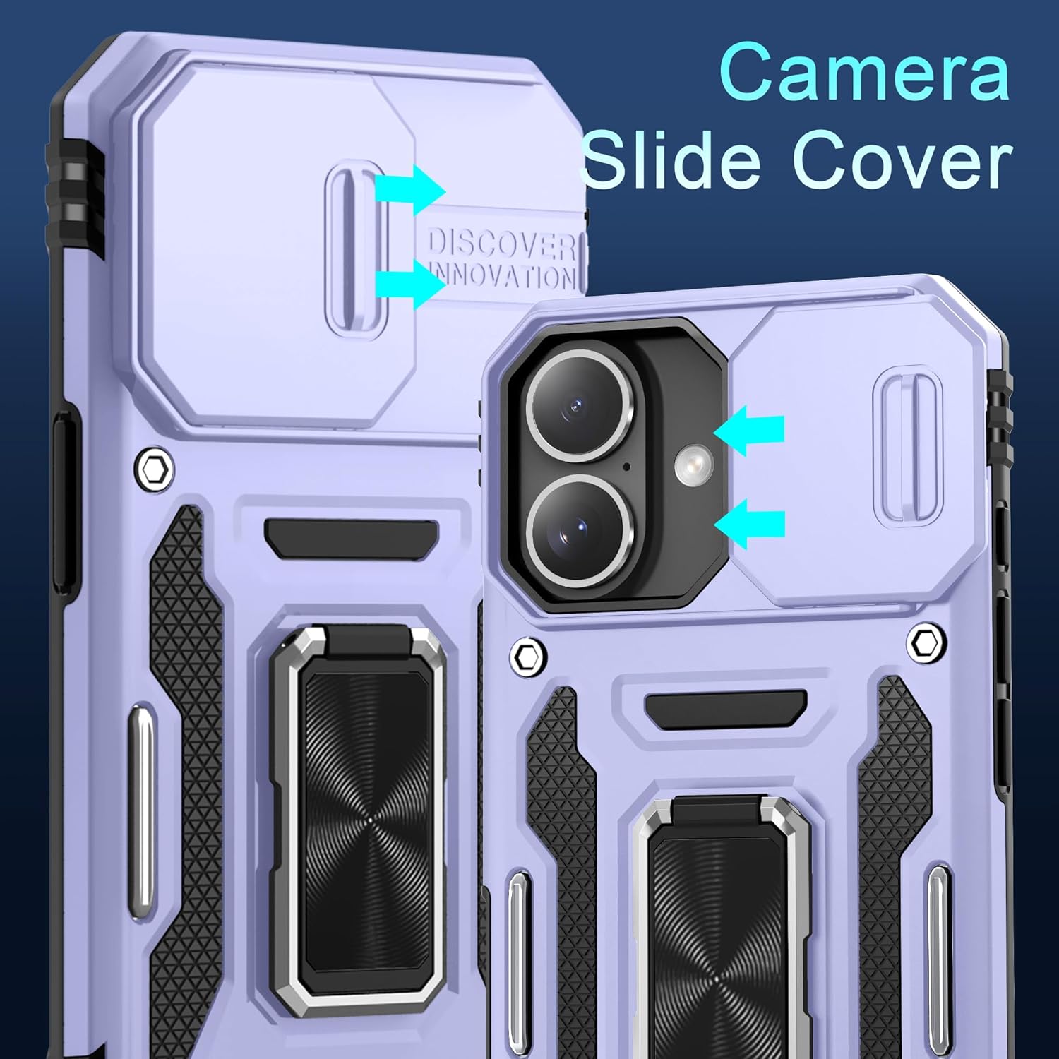 DEERLAMN Case for iPhone 16 with Slide Camera Cover+Screen Protector (2 Packs), Rotated Ring Kickstand Military Grade Shockproof Protective Cover-Light Purple - Image 2