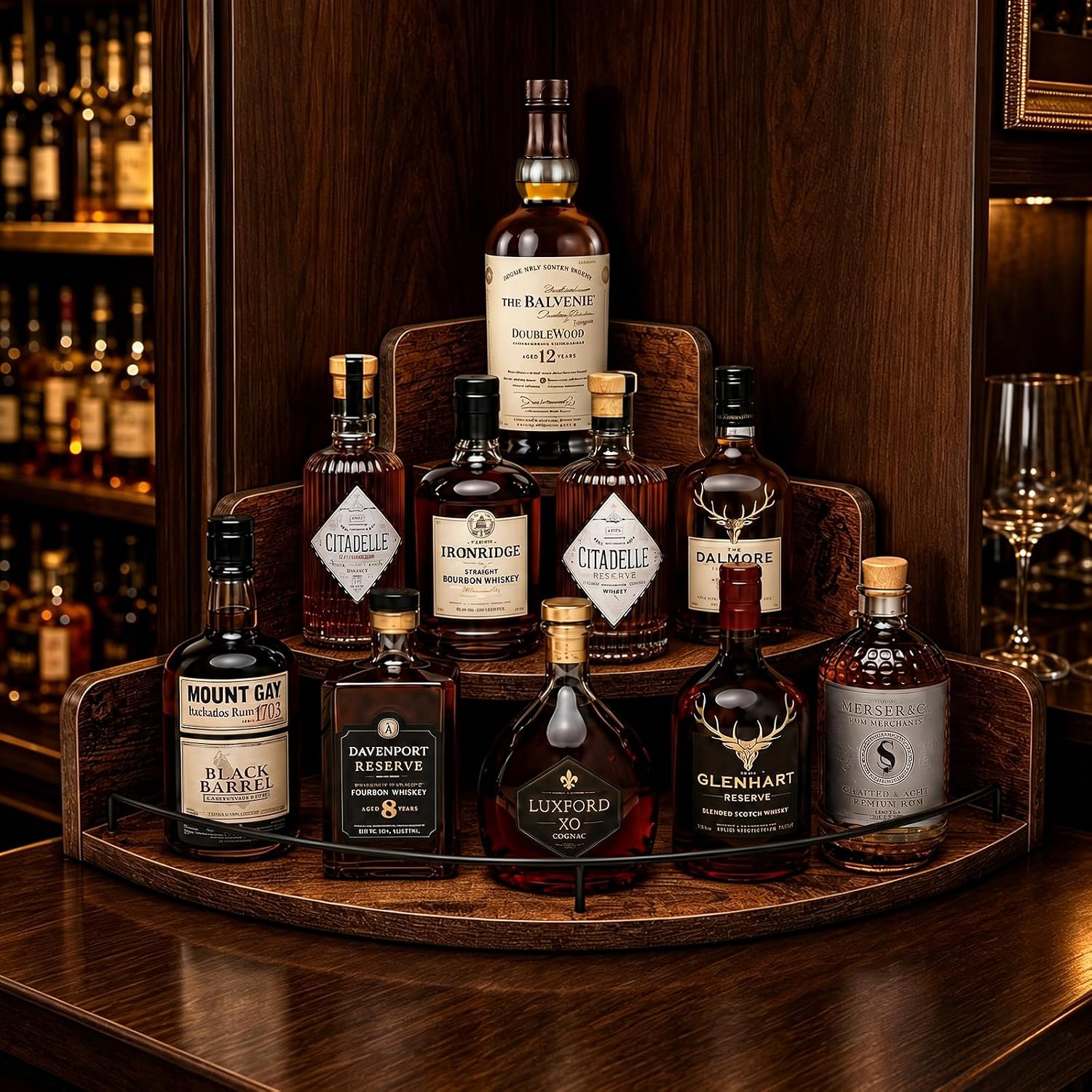 Corner Liquor Bottle Display Shelf, 3-Tier Modular Whiskey Rack Organizer, Metal & Wood Bar Shelf, Stackable 360° Round Display Stand for Home Bar, Kitchen Counter, Coffee Bar, Vanity, Man Cave