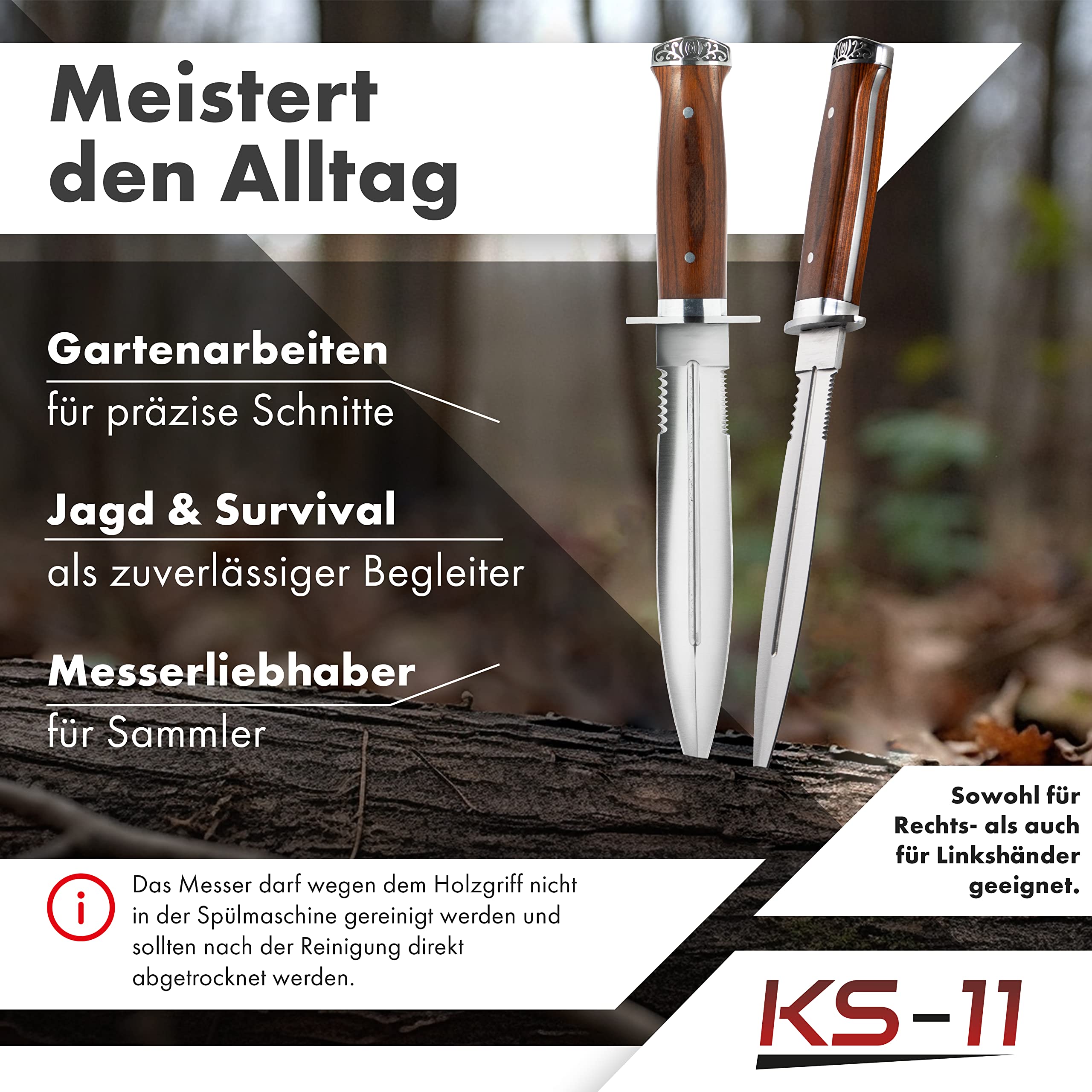 2er Set Outdoor Messer feststehend 33cm großes Jagdmesser mit Holzgriff und Nylonholster - Survival Messer Outdoor Dolch – bushcraft Knife - Bowiemesser - USA Sabber