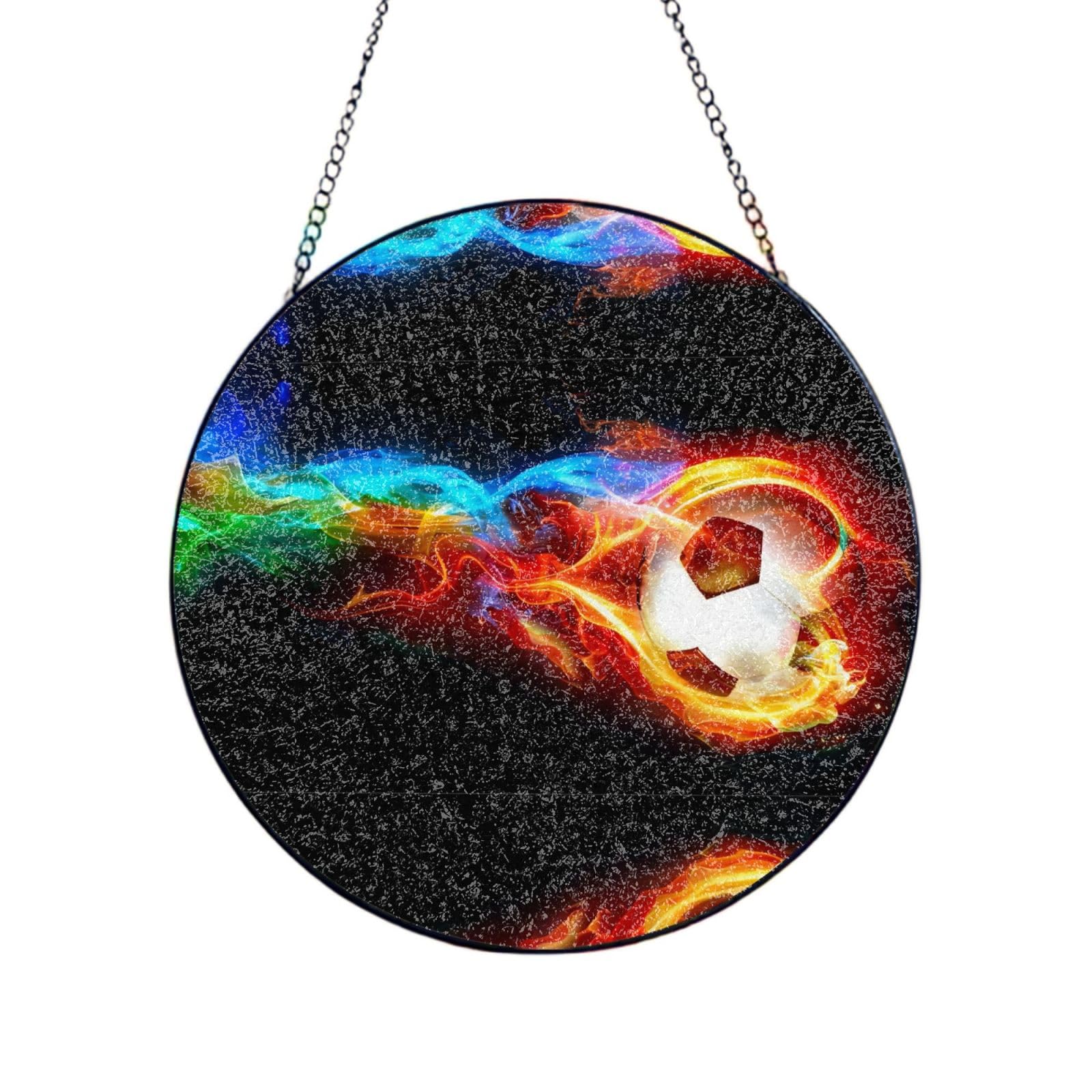 Phayah Soccer Print Glass Window Hanging Round Suncatcher Glass Ornament Garden Wall Fence Decorations Indoor Outdoor 10in（25cm）