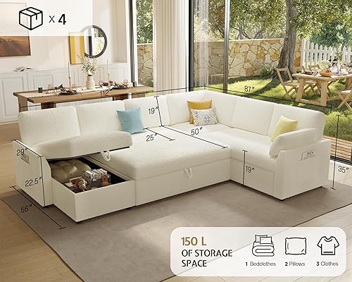 AMERLIFE 130" Sofa Bed, Sleeper Sofa, Pull Out Sleeper Couch with Storage, Convertible 6-Seater for Living Room