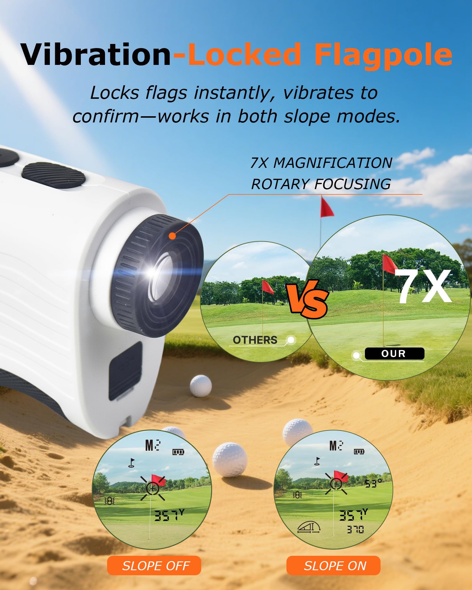 Télémètre de golf avec pente – Télémètre laser de 1 200 m avec sangle magnétique, vibration de verrouillage du mât de drapeau, grossissement 7x, étanche IPX4 rechargeable, accessoires de golf