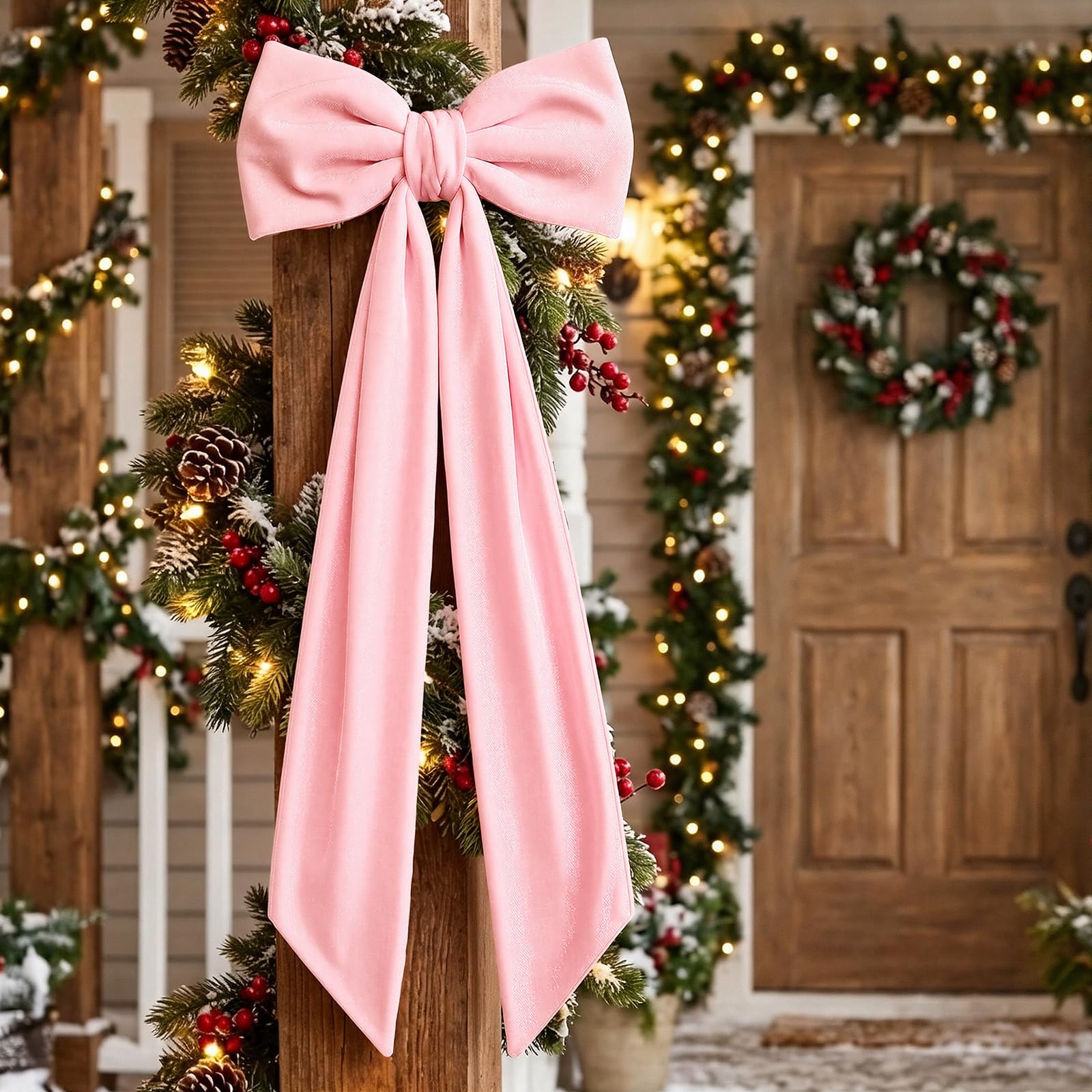 Gejoy Nœuds géants en velours rose extra larges pour cime de sapin de Noël – Décorations géantes pour maison, couronne, mur, toile de fond, mariage, vacances, décoration de fête – 119,4 x 40,6 cm