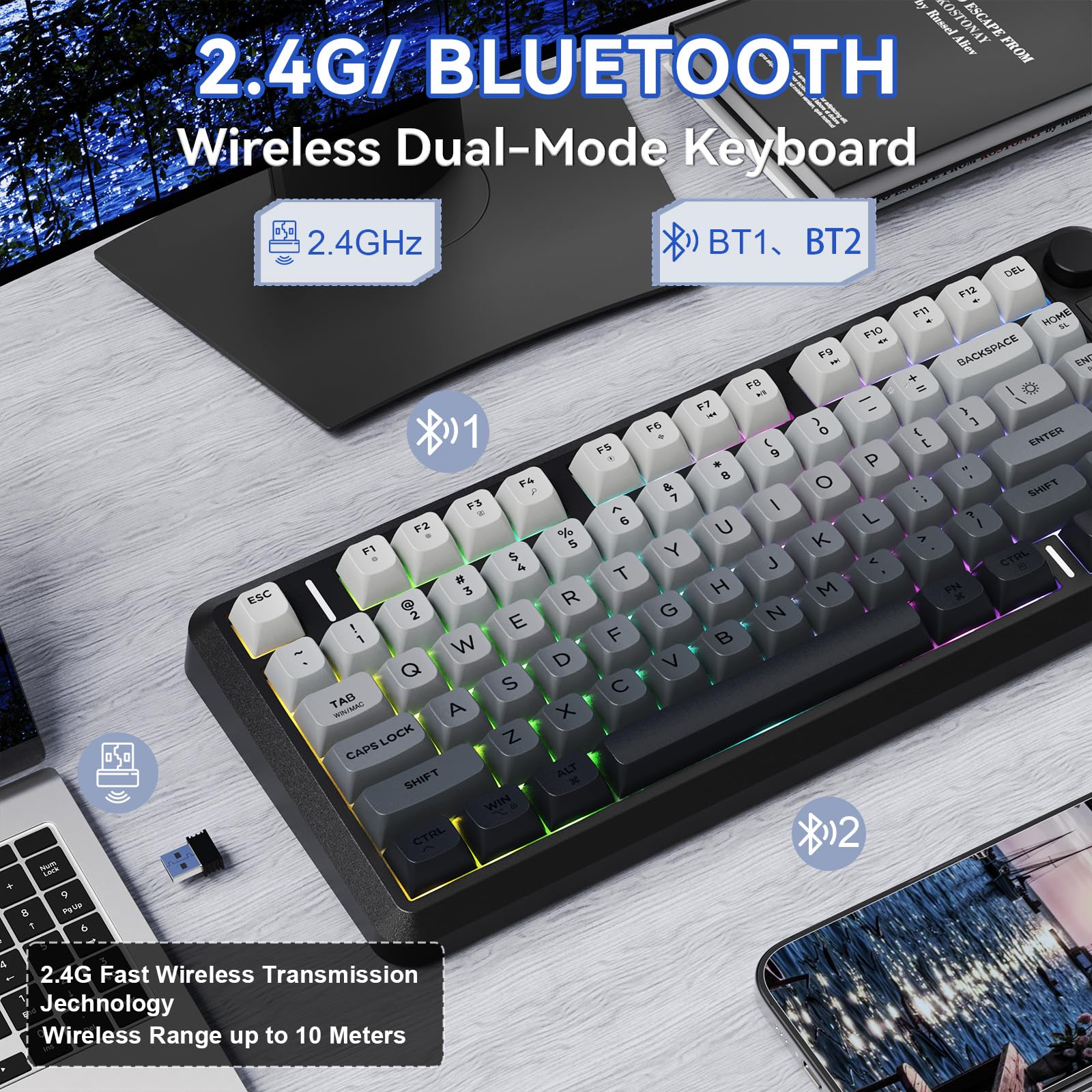 FREEWOLF M75 Tastiera wireless dual-mode, Bluetooth+2.4G, controllo tramite manopola e display, 82 tasti compatti PBT con gradiente, luce arcobaleno,QWERTY, anti-ghosting completo per Mac/Win-Nero