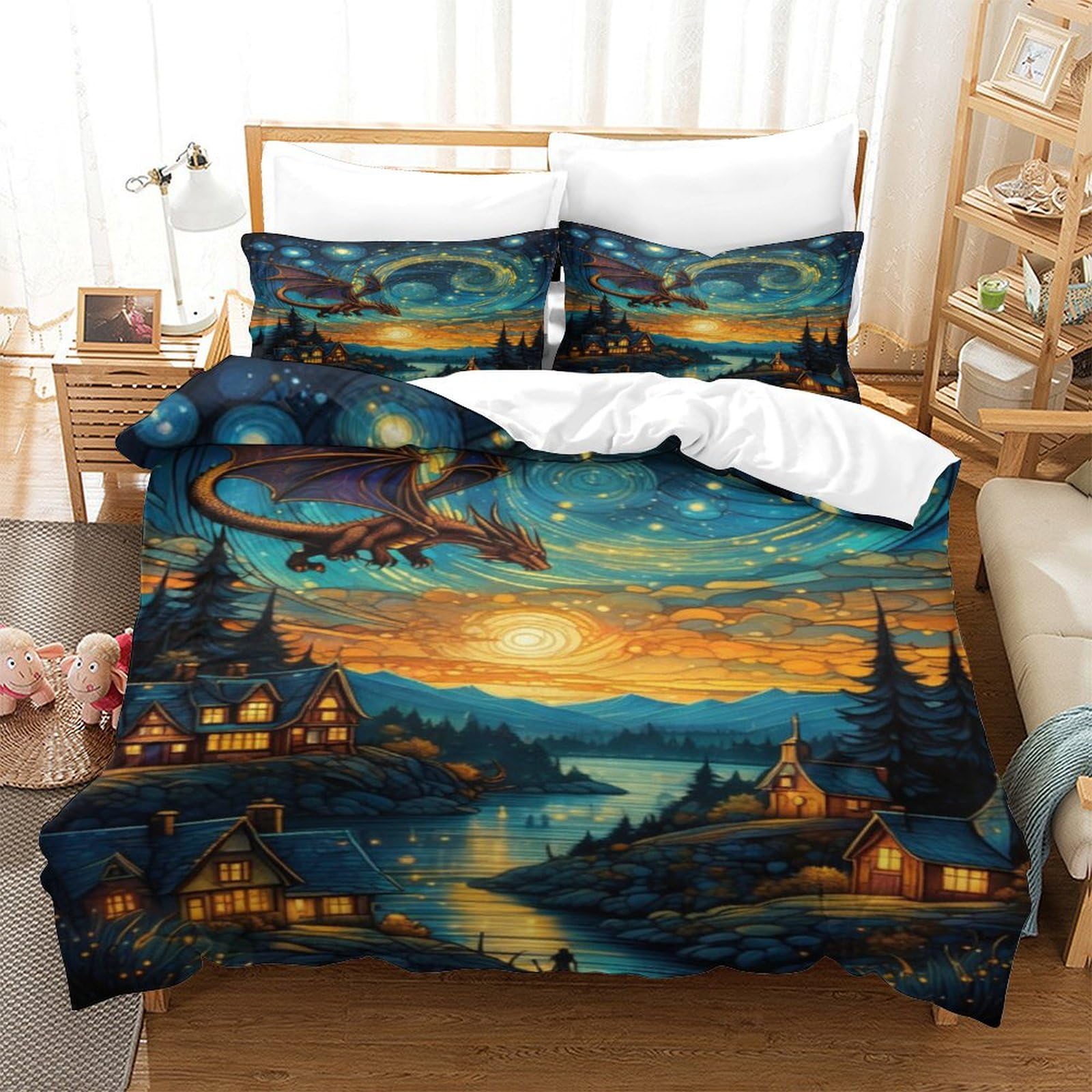 Qpirinmex Boys Flying Dragon-10 Flying Dragon Duvet Cover, 3D Print Quilt Cover Bedding Duvet Set With Pillowcases Soft Microfiber Easy Care Quilt Cover For Girls Kids Bedroom King（220X240cm）