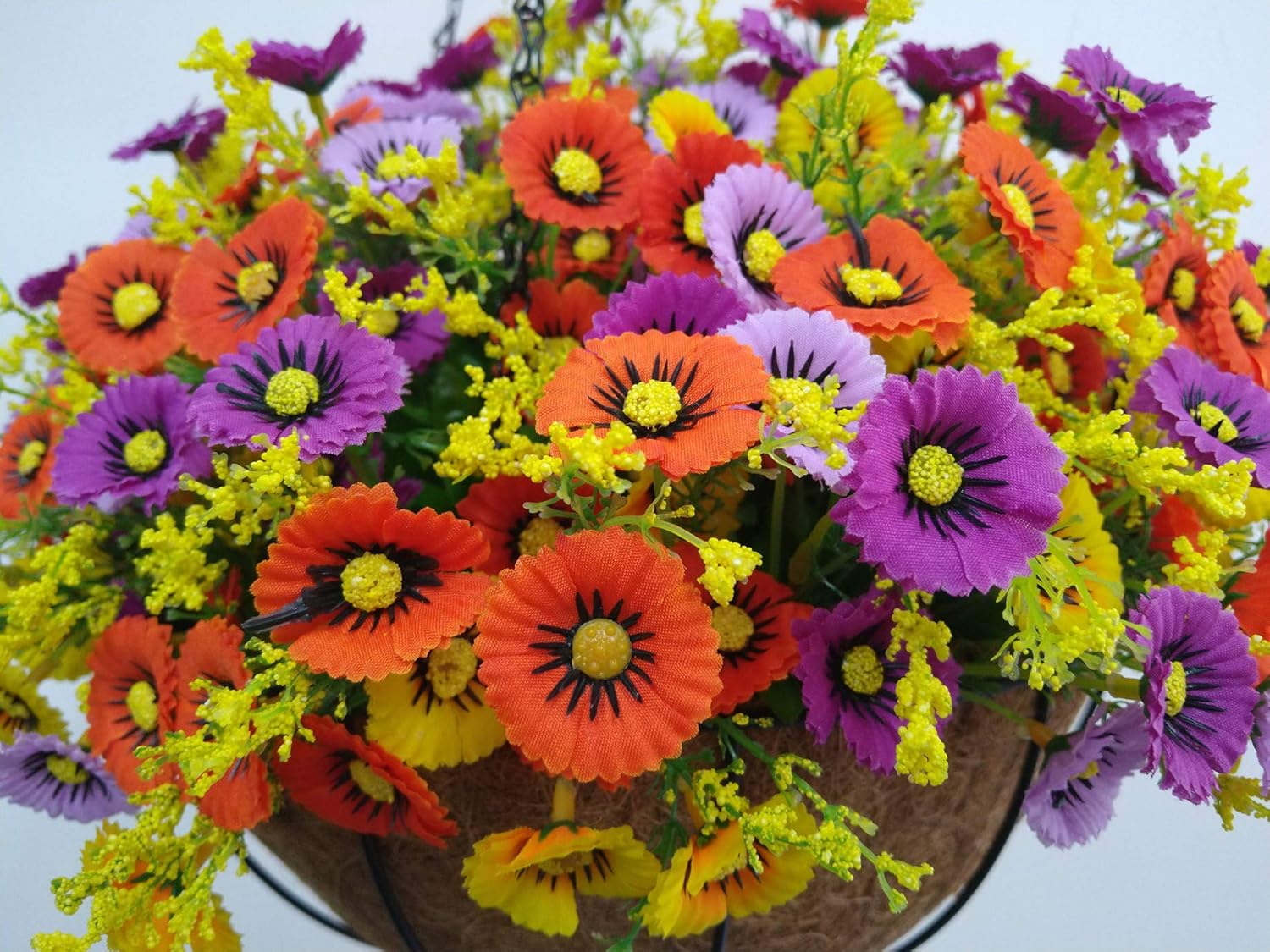 Home and Outdoors Decoration Silk Chain Hanging Basket Flowerpot Flowers Artificial Daisy Fake Flowers Orange and Purple (Medium Basket)