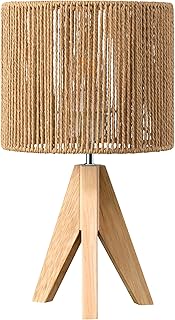 EDISHINE Small Rattan Table Lamp, Rustic Wood Tripod Bedside Lamp, Striated Paper Lampshade, Boho Desk Lamp for Living Room, Bedroom, Office, LED Bulb Included, E27 Base