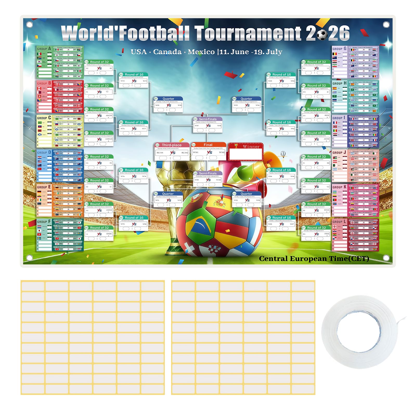 Poster Calendrier Coupe du Monde 2026, (100 x 150 cm) Calendrier 2026 Affiche de La Coupe du Monde, Poster Coupe monde 2026 Football Match Decoration (100 * 150CM)