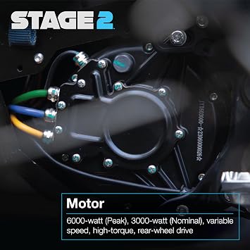 Stage2, M1 V2 Electric Dirt Bike E Moto, 6000W (Peak) Brushless Motor, UL 2272 Compliant 60V Lithium Battery and Electrical System, Up to 47 MPH, 3 Speed High Output Controller, 40+ Mile Range