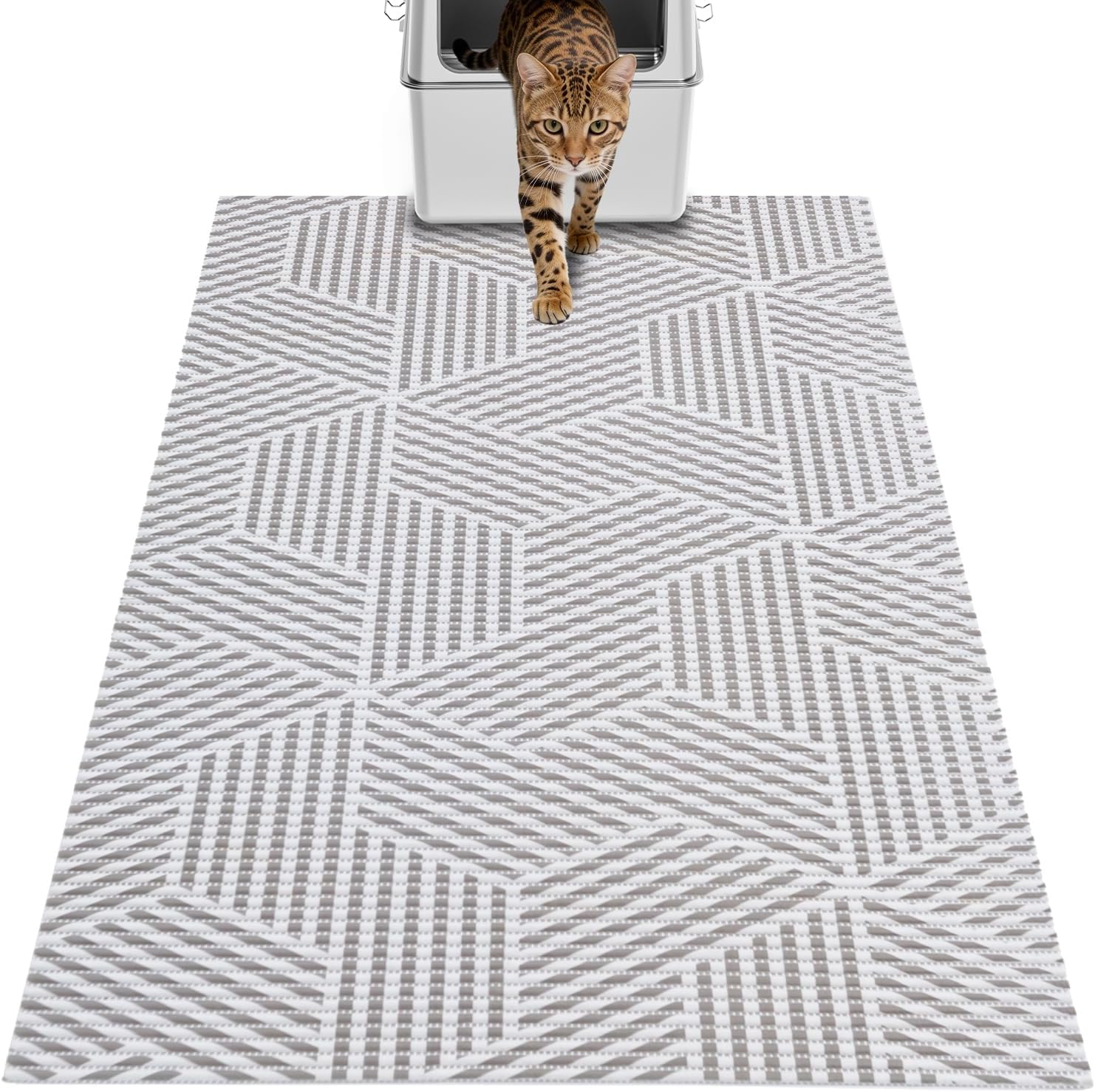 Cat Litter Mat, 40"x25" Jumbo Foam Litter Box Mat | Extra Large Coverage, Soft on Paws, Trimmable Design, BPA-Free Foam, Leak-Proof, Machine Washable, Beige Geo