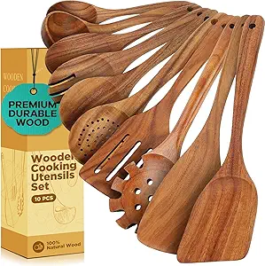 Teak Wooden Kitchen Utensil Set - Non-Toxic Wood Cooking Utensils, Wood Utensils, Wooden Utensil Set (10PCS), Heat-Resistant for Home Kitchen