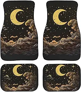 Showudesigns Moon and Star Car Floor Mats for Women Men Car Decor Girly Car Accessories Interior Cat Rug Non Slip Rubber Backing Heel Pad for Protection Front & Rear Floor Mat Black