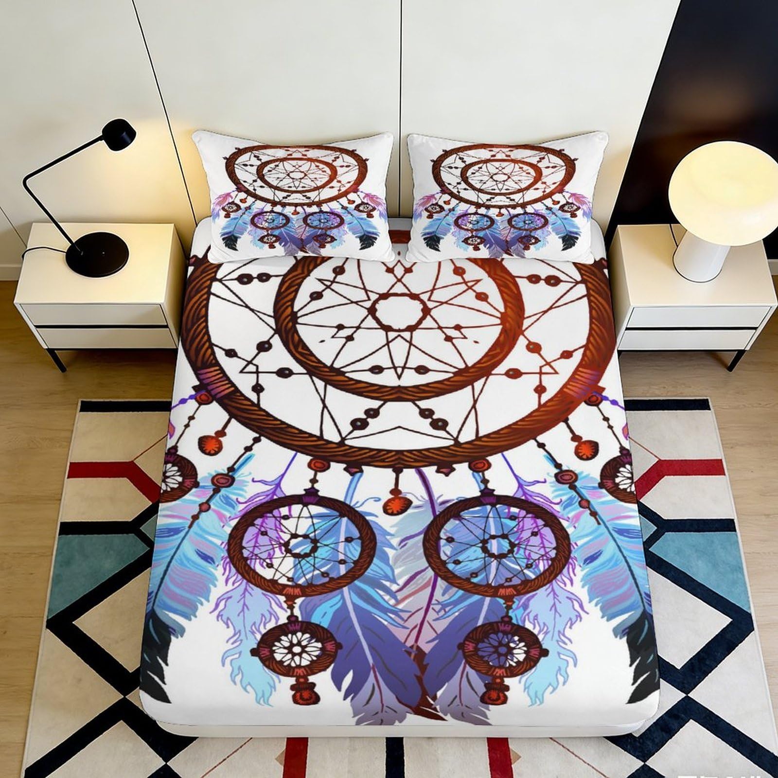 3D Printed Dreamcatcher Fitted Sheet Microfiber Soft Boho Feather Pattern Bed Cover for Bedroom Guest Room Decor 90x200x25cm