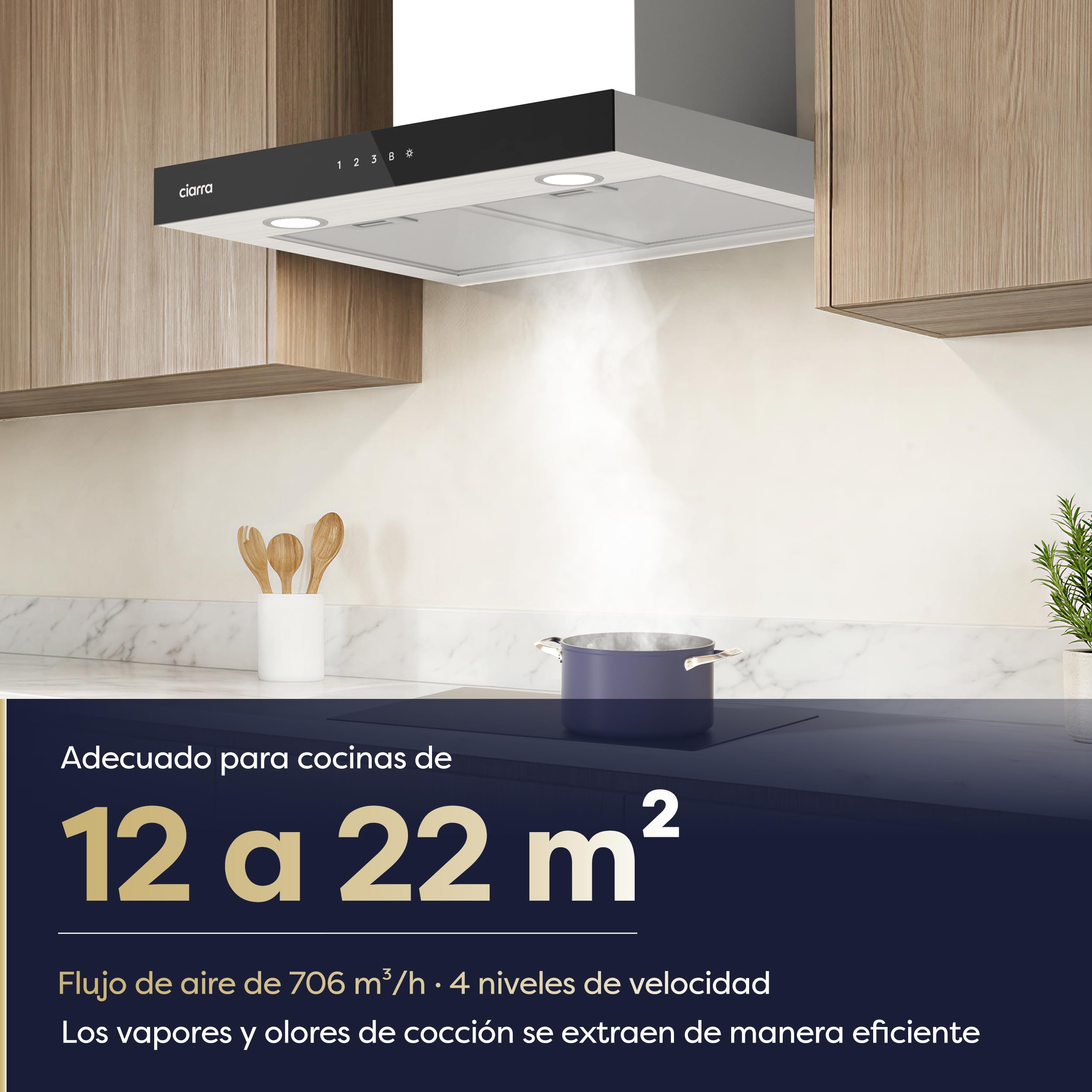 CIARRA CBCS6102 Campana Extractora 60 cm 706 m³/h WiFi Plateada A+++ | 4 Velocidades - Evacuación al Exterior y Recirculación Interna por Filtro de Carbón CBCF003 - Acero Inoxidable
