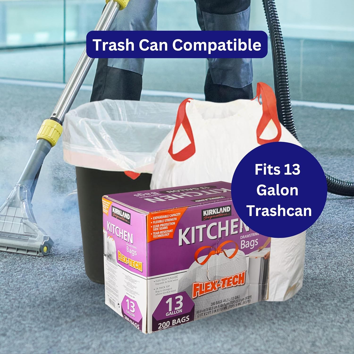 Worldwide Nutrition Bundle Compatible with Kirkland Signature Flex-Tech 13 Gallon Kitchen Garbage Bags with Drawstring Closure - 200 Count Pack of Tall Trash Bags for Kitchen with Keychain