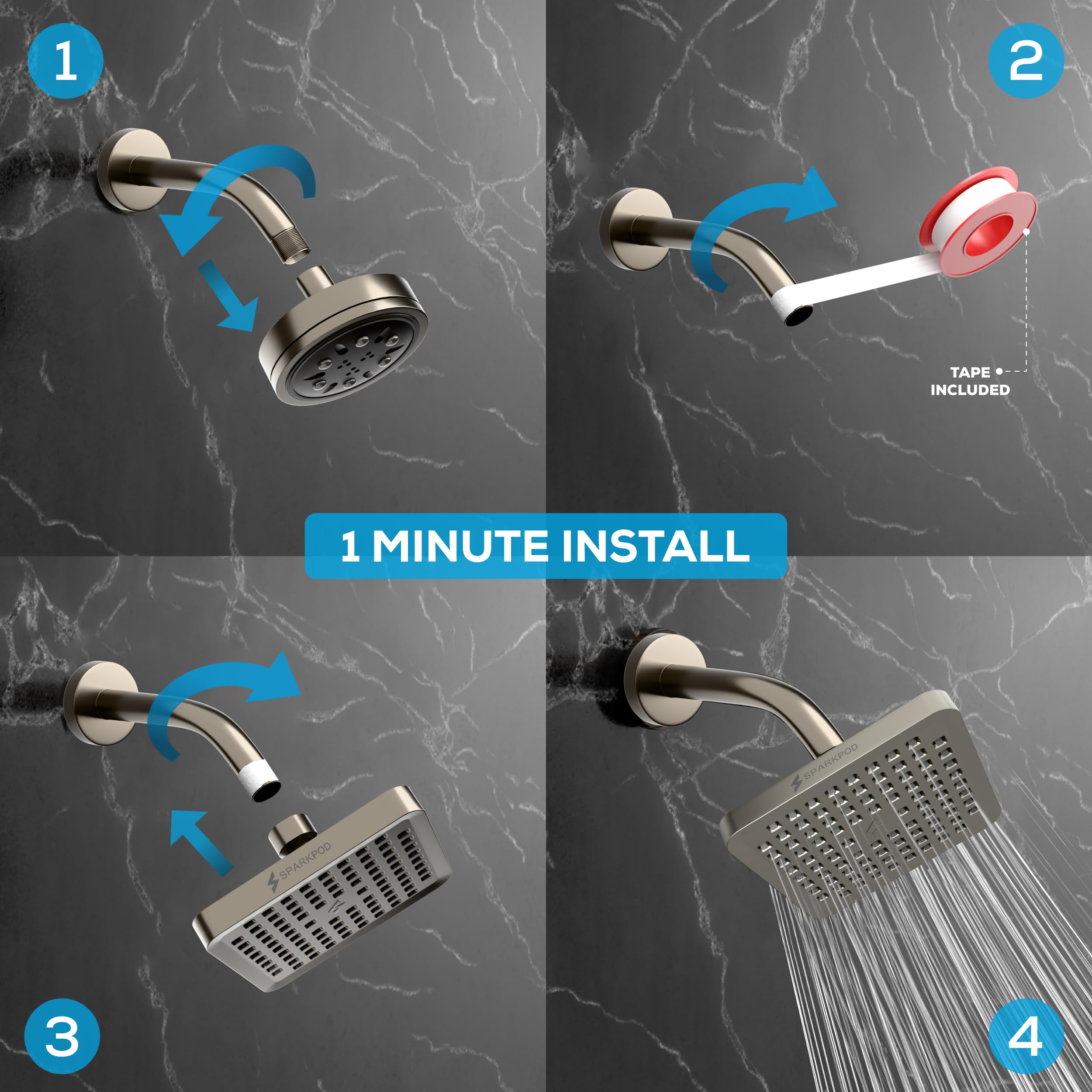 SparkPod Fixed Shower Head - High Pressure Rain - Luxury Modern Look - Easy Tool Free Installation - The Perfect Adjustable Replacement (Brushed Nickel, 15cm Square)