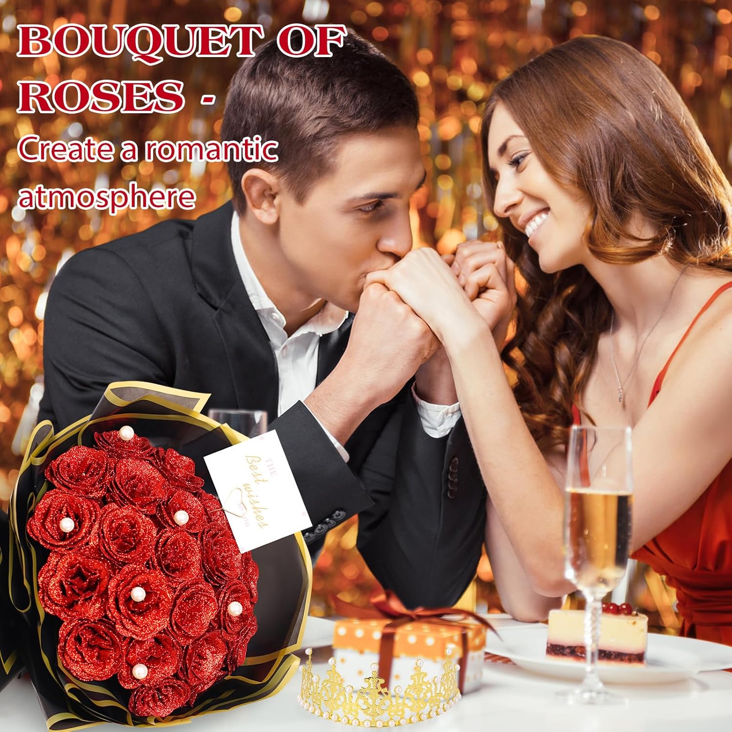 TLY Glitter Roses Bouquet Red Flower Bouquet DIY Fake Roses Flowers with Wrapping Paper Crowns Cards Birthday Gifts for Women Valentines Day Mother's Day Anniversary Engagement Wedding - Image 6