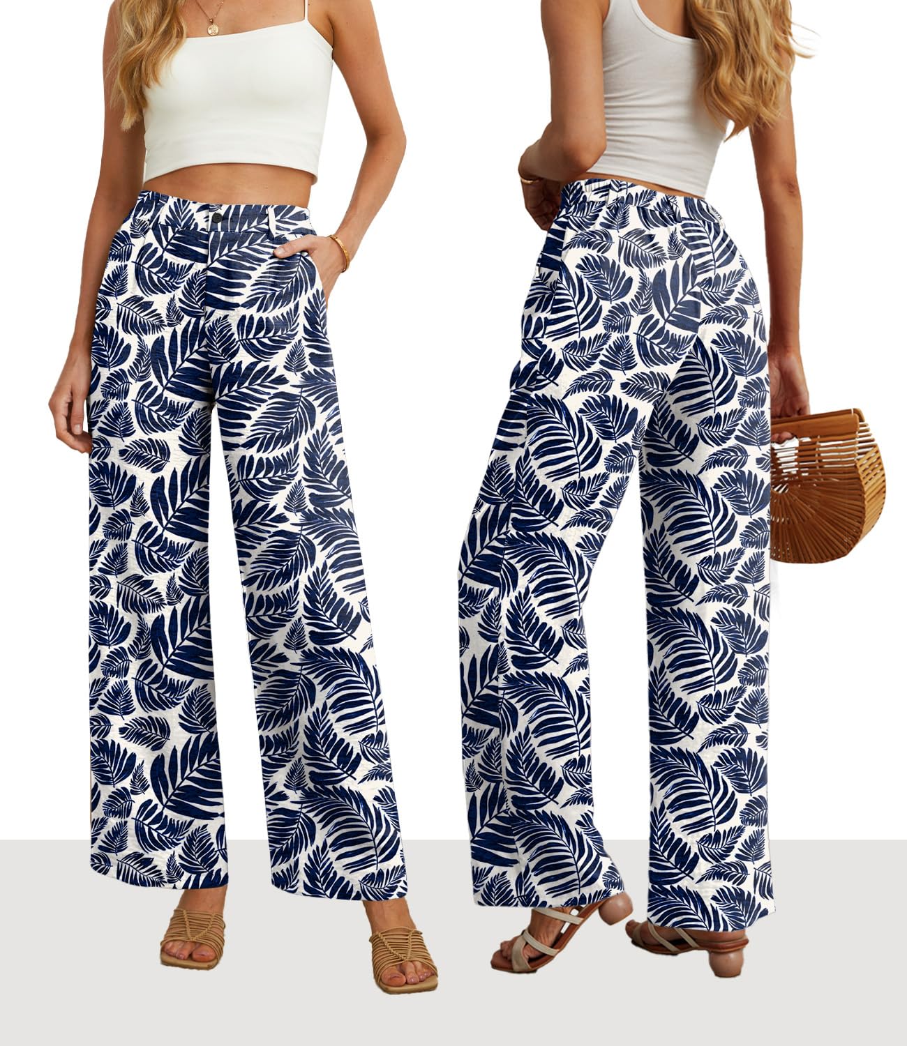 Feiersi Womens Casual Wide Leg Pants High Waisted Button Down Straight Long Trousers Palazzo Pants