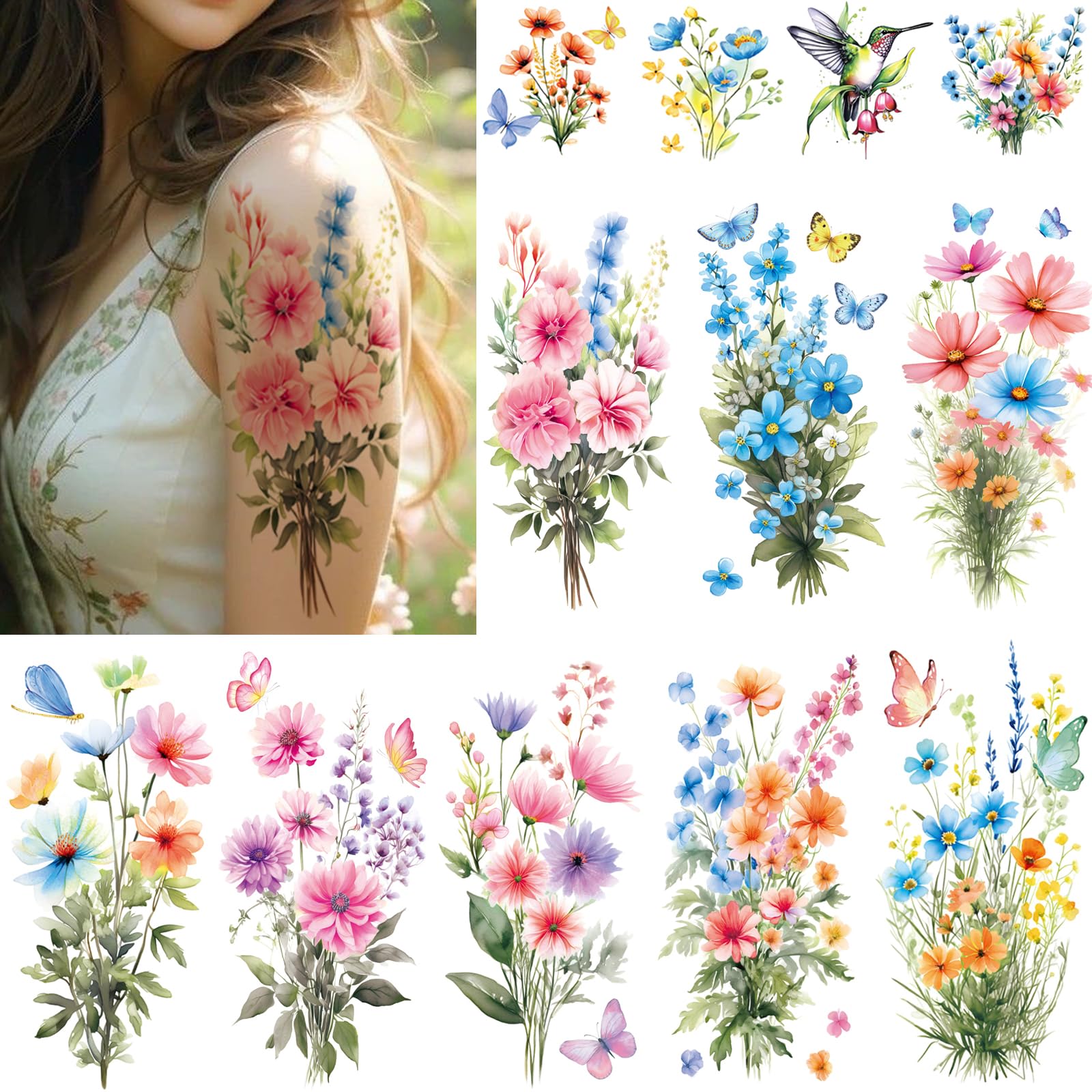 Tazimi Watercolor Flower Temporary Tattoos For Women Girls