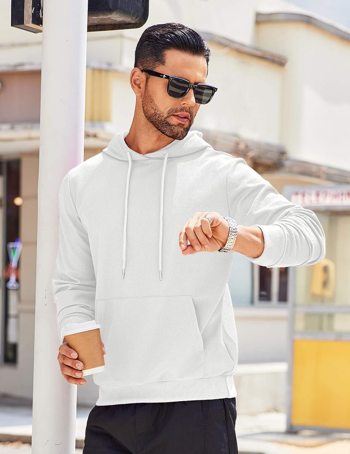 COOFANDY Men's Hooded Sweatshirts Long Sleeve Casual Waffle Knit Pullover Hoodies with Kanga Pocket - Image 2