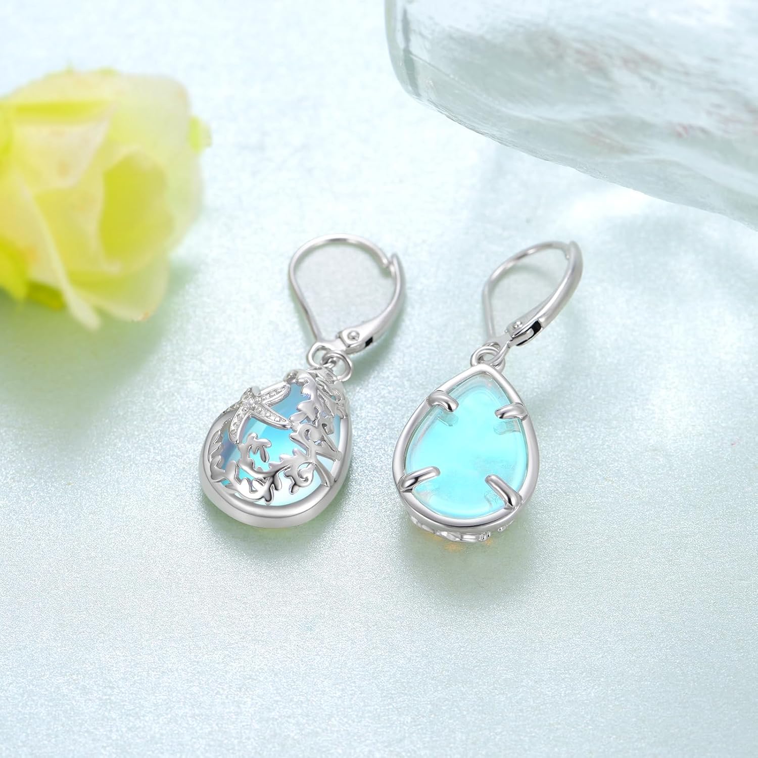 Starfish Earrings 925 Sterling Silver Filigree Starfish Dangle Leverback Earrings Moonstone Ocean Jewelry Gifts for Women - Image 3