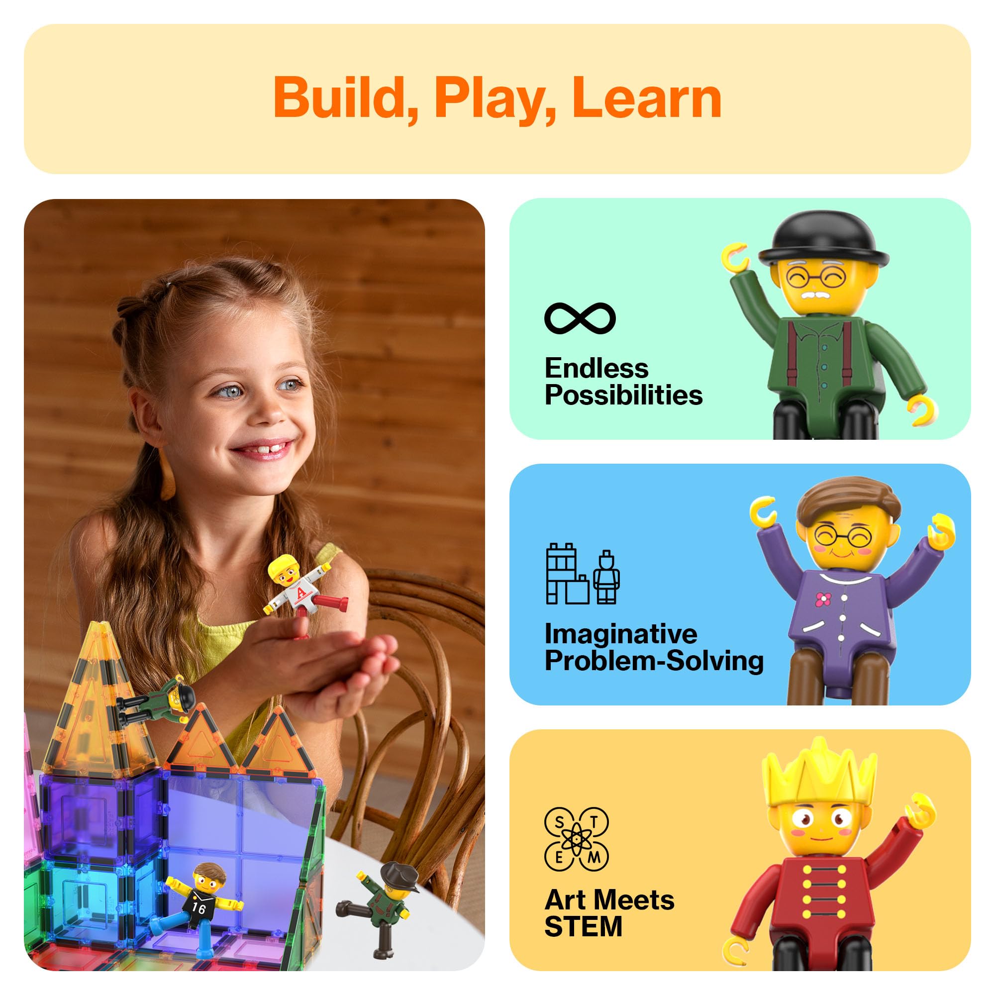 PicassoTiles Magnetic 8 Piece Character Action Figures Toddler Toy Set Magnet Expansion Variety Pack Educational Add-on STEM Learning Kit Pretend Playset for Construction Building Block Tiles PTA03