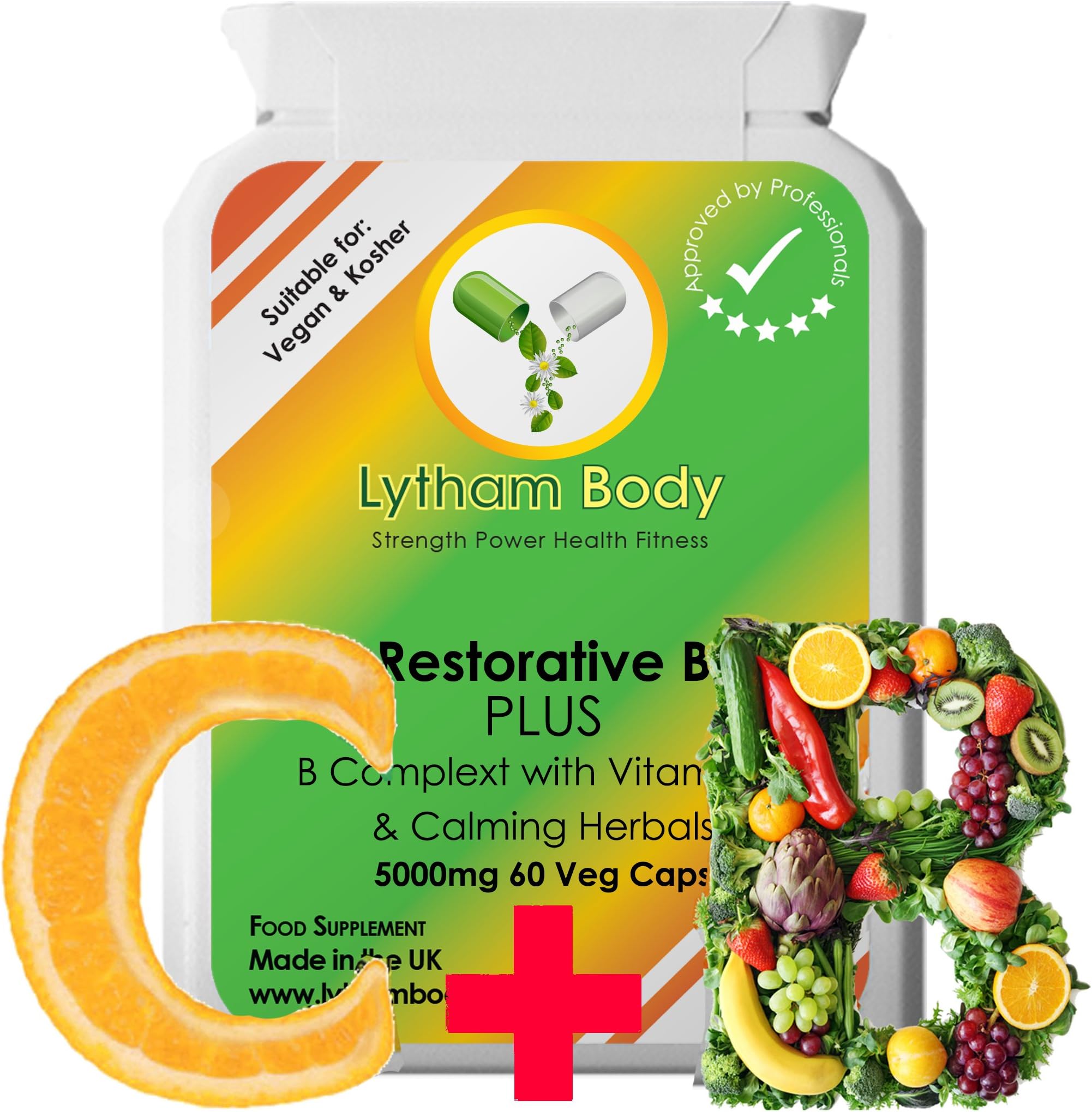 Vitamin B Complex 5000 mg High Strength capsules x 60 with Vitamin C Contains all Eight B Vitamins in one Vegan Capsule Vitamins B1, B2, B3, B5, B6, B12, Chamomile flowers extract, Griffonia seed extract(5-HTP). 100% Pure