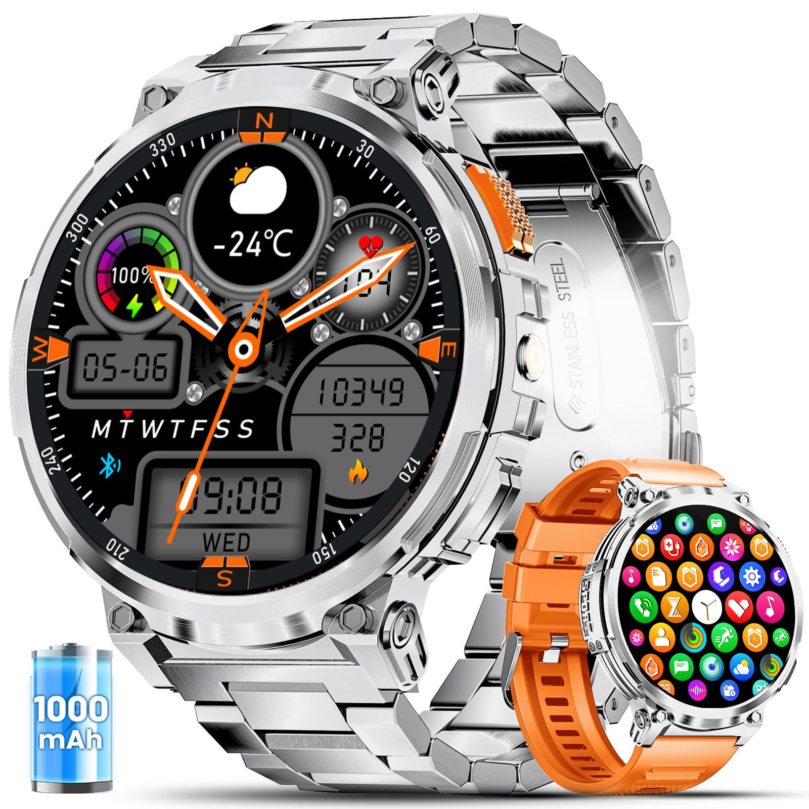 ESFOE Smartwatch Uomo Militare con 1000mAh/Torcia LED,1.85" Orologio Smart Watch con Chiamate Bluetooth,5ATM Impermeabile Tracker Attività 130+ Sportive/Cardiofrequenzimetro Argento Platino