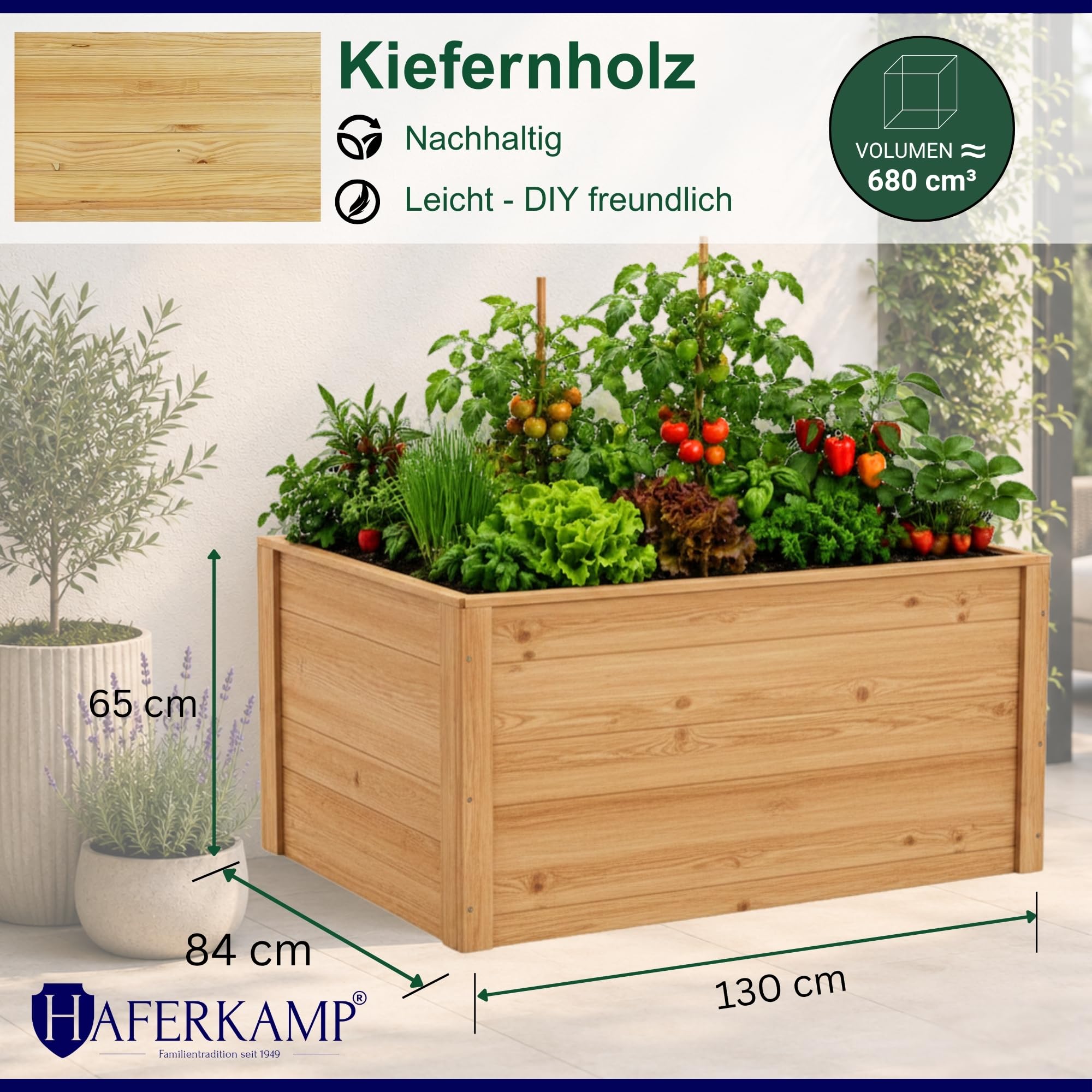 Hochbeet Harz Holz & Schutzfolie für Garten 130x65x84cm Natur | Gemüsebeet Außenbereich zum Bepflanzen von Gemüse & Kräutern stabil pflegeleicht langlebig rechteckig