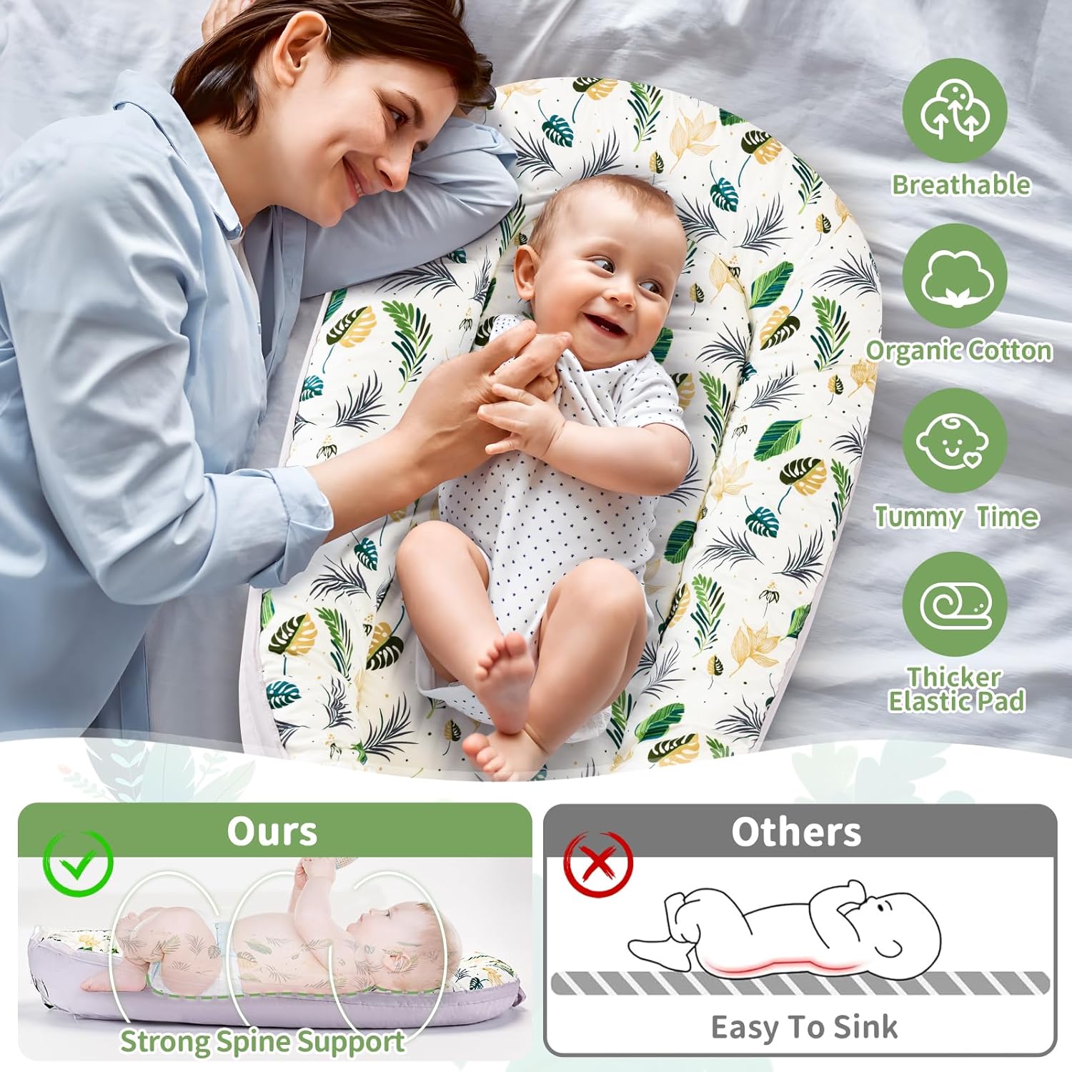 Baby Lounger- Baby Nest for 0-24 Months, Ultra Soft Organic Cotton Breathable & Portable Baby Lounger, Baby Lounger Pillow for Newborn - Image 2