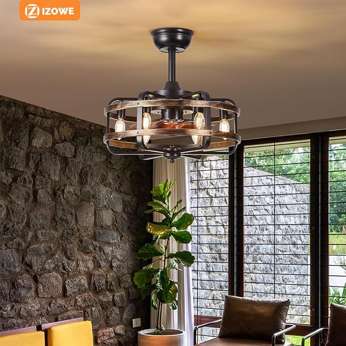 IZOWE Plafondventilator met Verlichting Industriële Retro, Zwarte Metalen Kooi, Stille 3 Snelheden Reversibel Plafondventilator met Afstandsbediening, Vervangbaar 6x E14 Lamp voor Woonkamer Slaapkamer photo 2