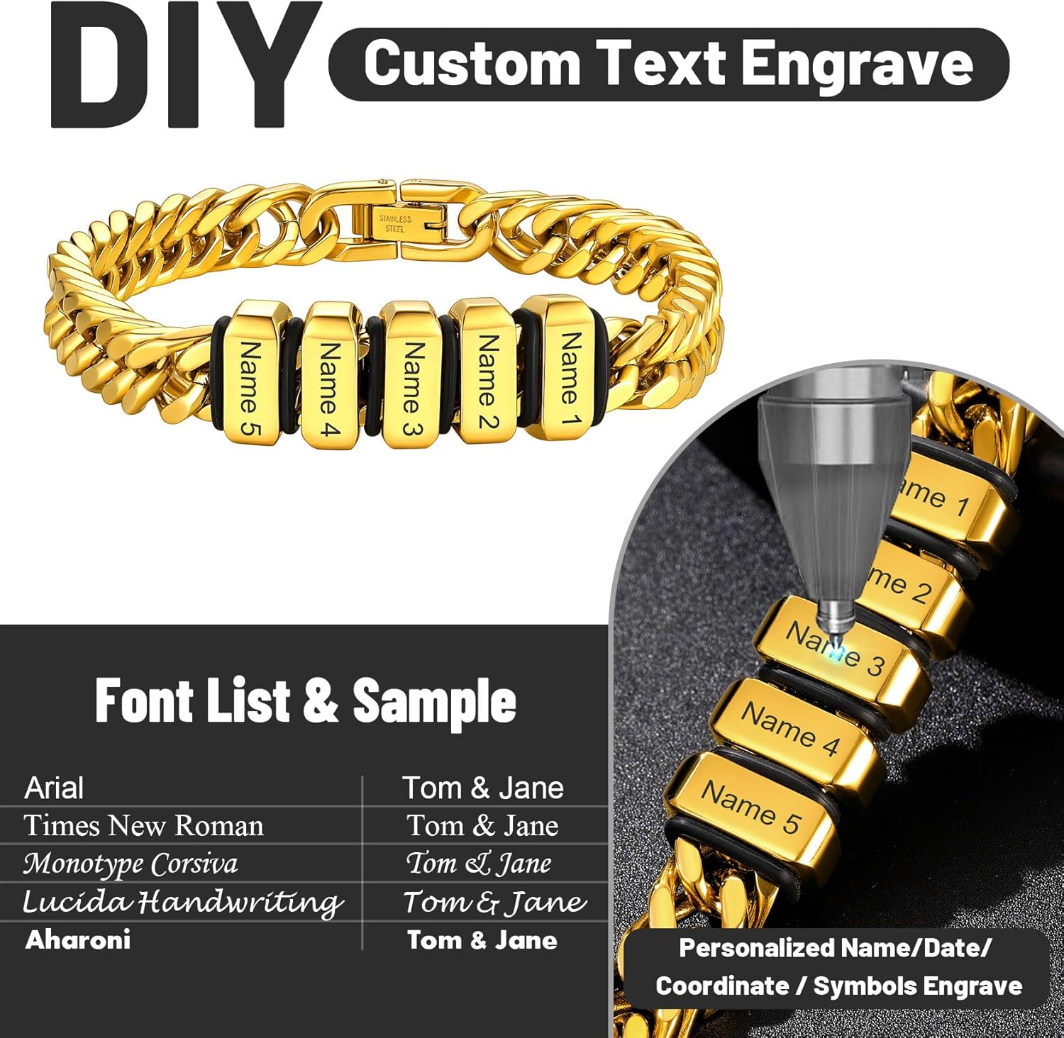 ChainsHouse Personalized Steel/Gold/Black Stainless Steel Cuban Link Bracelet for Men,Adjustable 8mm&12mm Width with Engraved Name Beads Premium Gift for Dad Husband Valentines Father Day