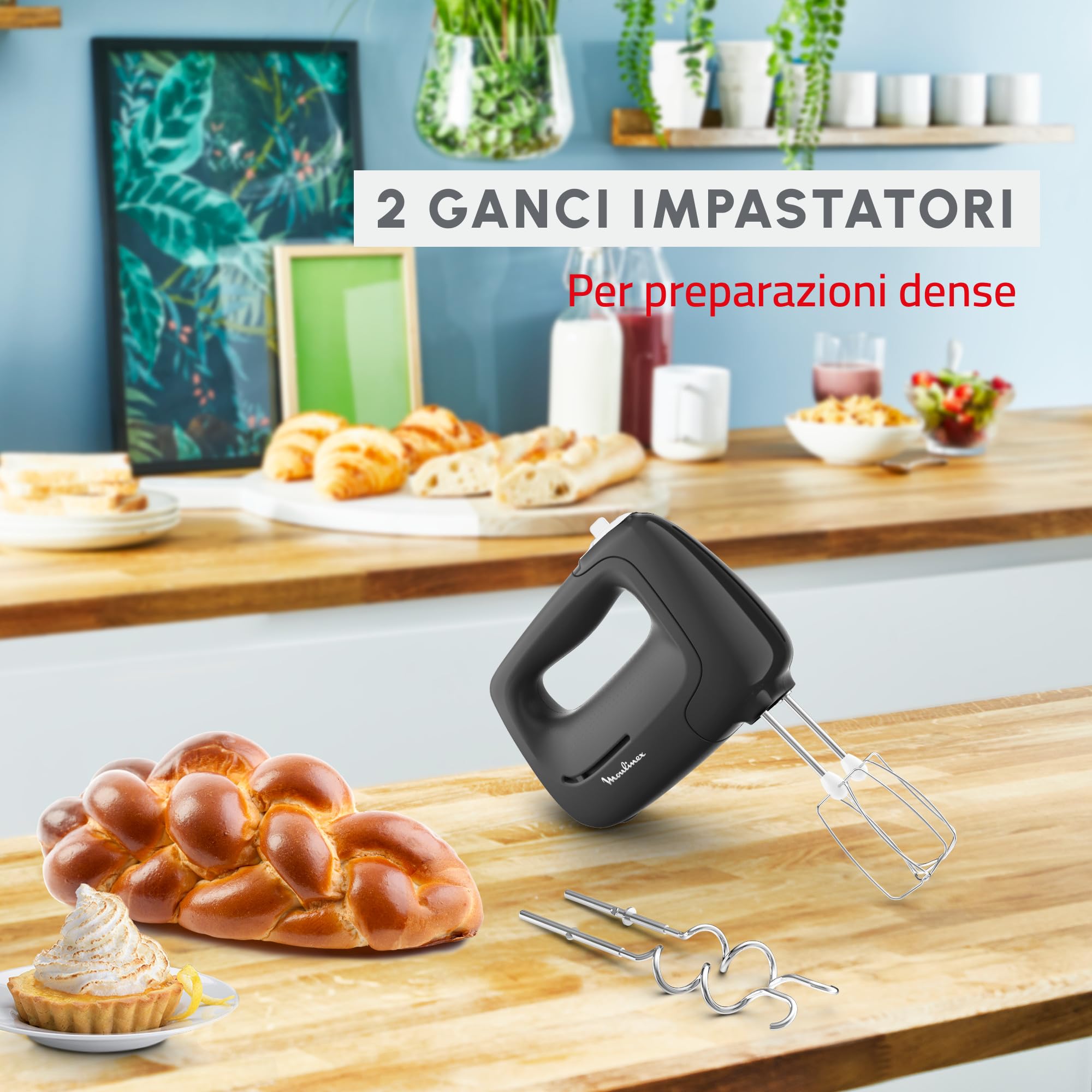 Moulinex PREP MIX Sbattitore Elettrico, Mixer 450W, 5 Velocità, Impostazione Turbo, 2 Fruste, 2 Ganci Impastatori, Acciaio Inox, Ergonomico, Accessori Lavabili in Lavastoviglie, HM450HF0