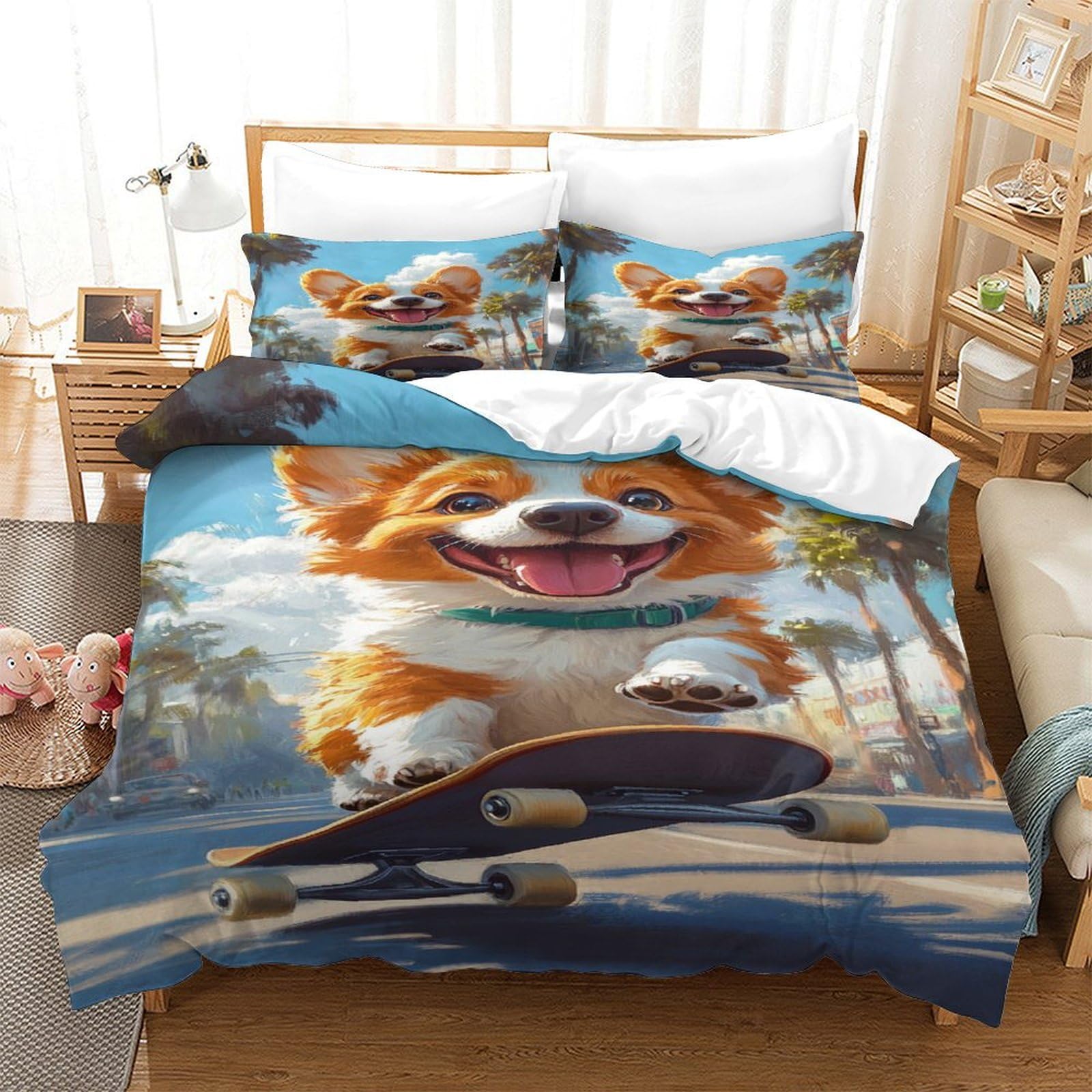 Housse de couette Corgi 3D 200x200 cm en microfibre avec 2 taies d'oreiller