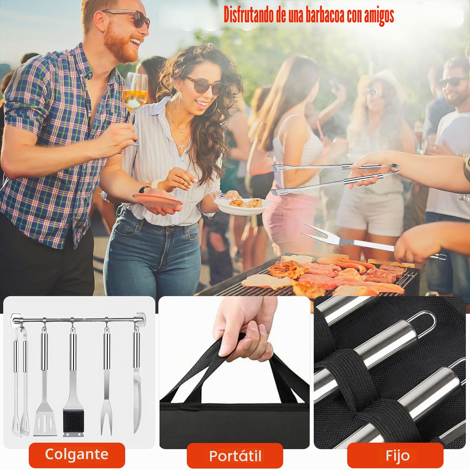27Pcs Set de Barbacoa de Acero Inoxidable, Juego de Utensilios de Parrilla Profesionales, Accesorios para Barbacoa, con Bolsa de Almacenamiento, para Camping, Picnic, Jardín, Senderismo