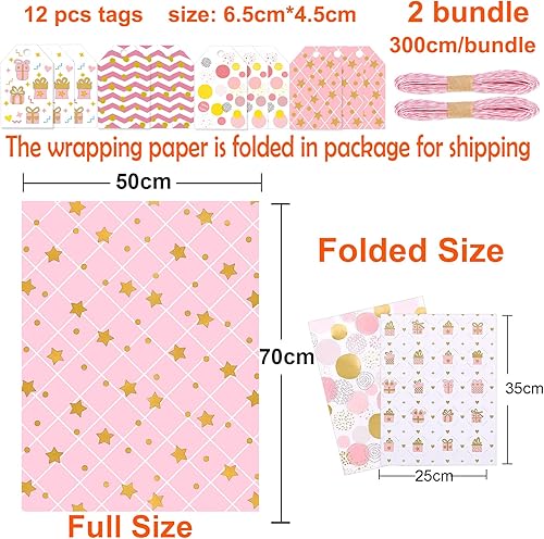 Miniatura 2 de Jatidne 12 hojas de papel de regalo de cumpleaños con etiquetas y cuerda plana rosa para cumpleaños graduaciones