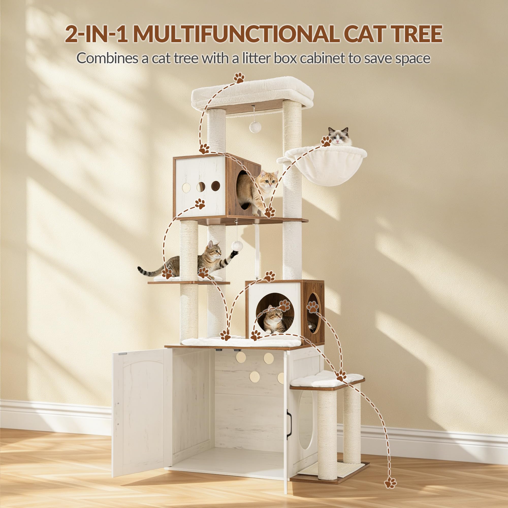Arbre à Chat avec Litière, 190 cm Tour Moderne d'Intérieur avec Poteaux à Griffer, Plateforme de Saut Amovible, Deux Grottes, Plateforme, Coussins Lavables, Blanc et Marron FPMS013PWR1
