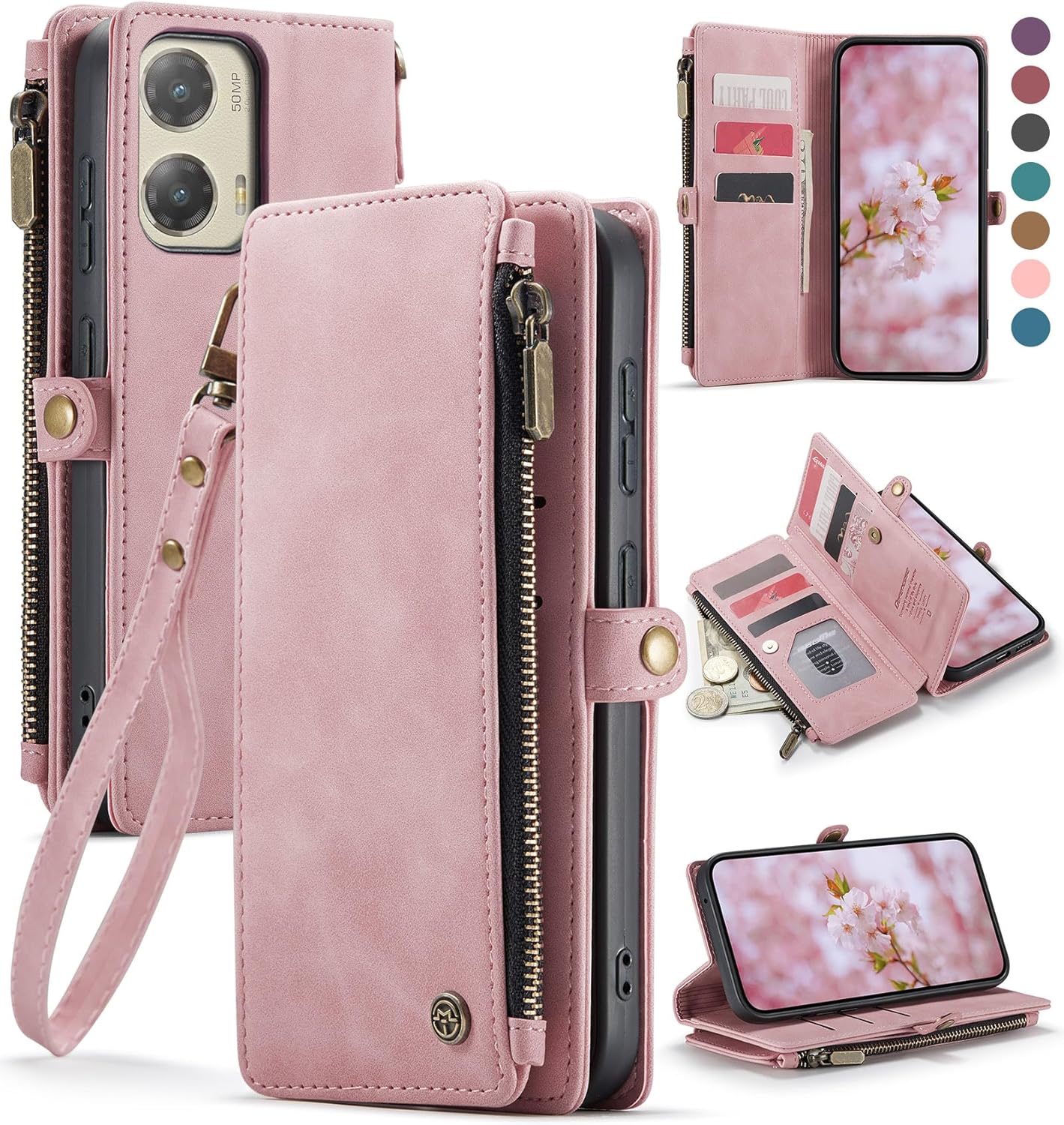 Defencase Compatible with Moto G Stylus 5G 2024 Case, RFID Blocking Wallet Case Compatible for Motorola Moto G Stylus 5G 2024 PU Leather Flip Strap Zipper Card Holder Phone Case for Women, Rose Pink