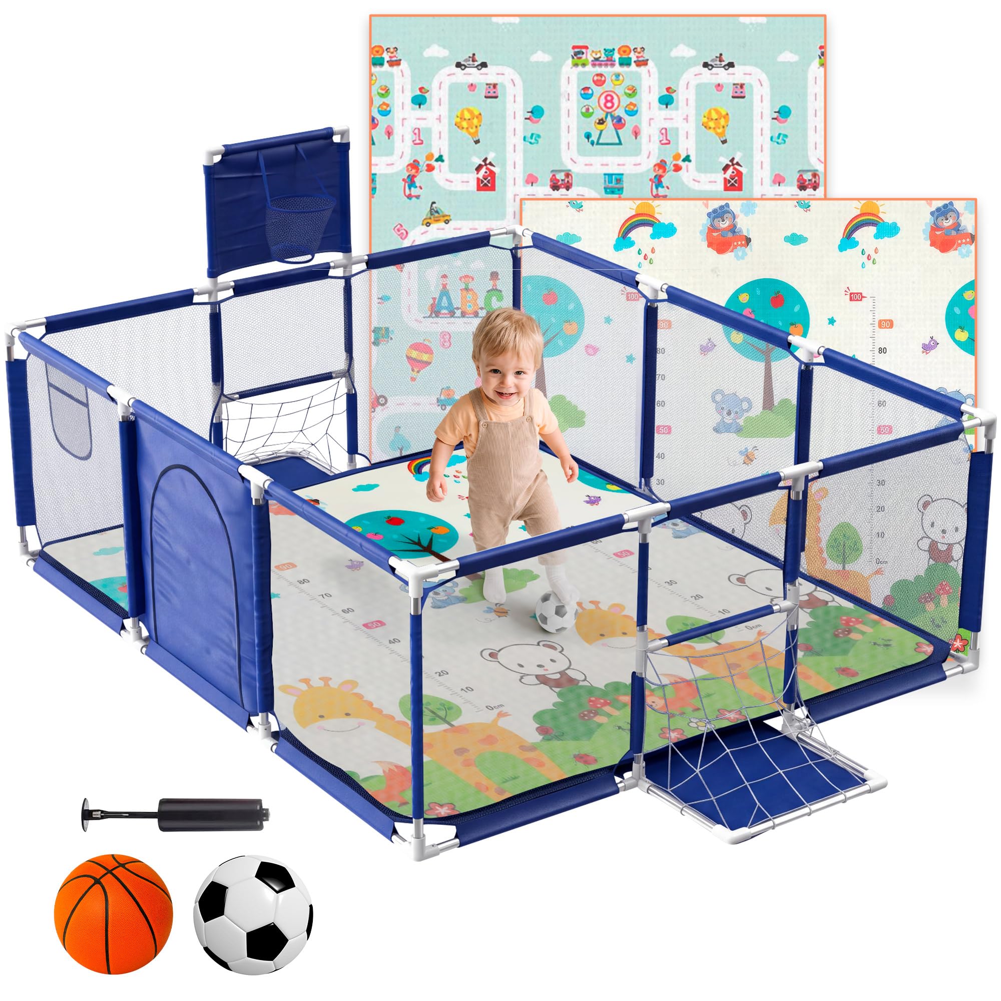 Parque Infantil Bebe + Alfombra de Juego + Pelota de Futbol y Baloncesto - Corralito de Bebé Plegable 180 x 120 x 60cm - Parque de Juegos Bebé Con Malla Transpirable (Azul con Alfombra)